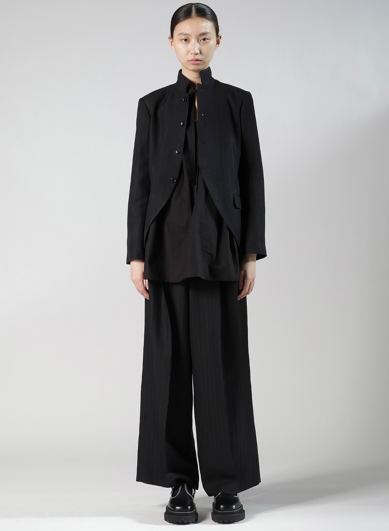 VISCOSE TWEED STRIPE STAND COLLAR JACKET