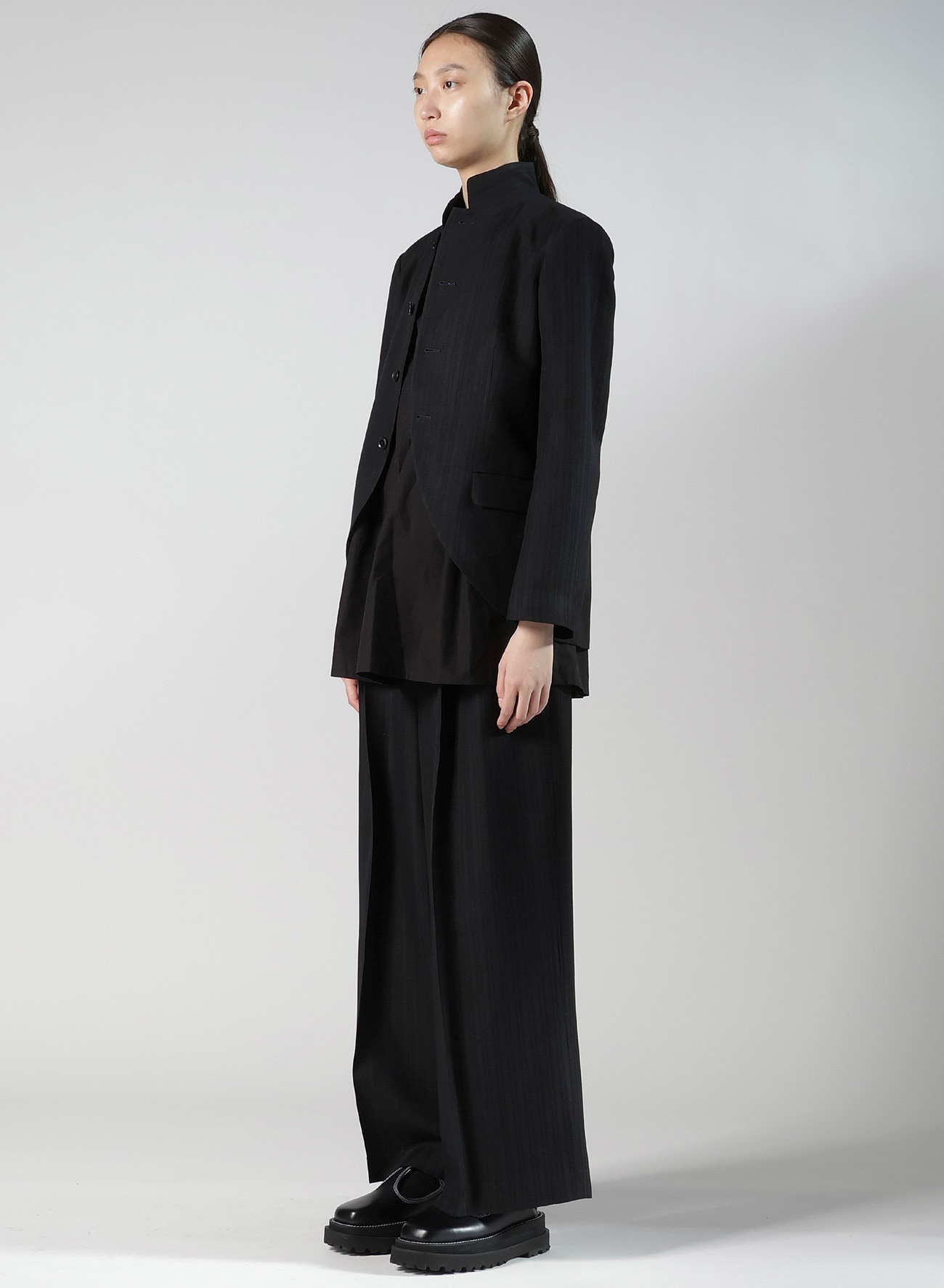 VISCOSE TWEED STRIPE STAND COLLAR JACKET