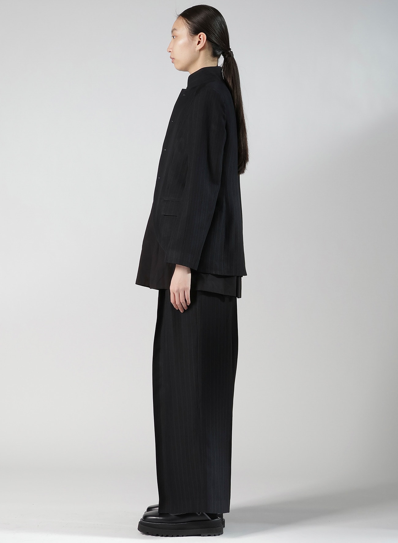 VISCOSE TWEED STRIPE STAND COLLAR JACKET