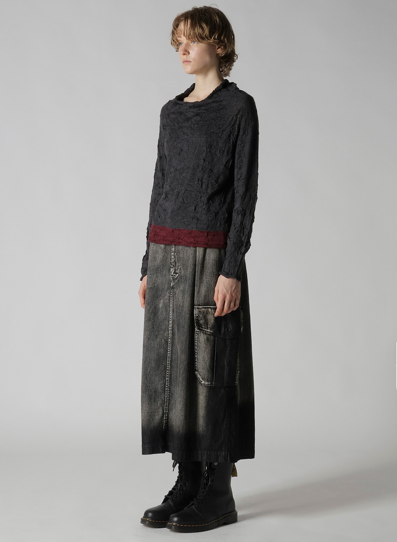 OFF NECK WRINKLED LONG SLEEVE PULLOVER