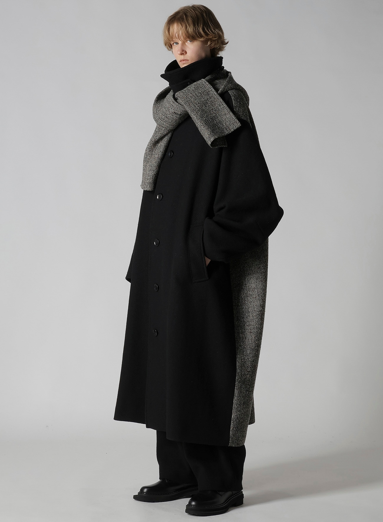 BIG HERRINGBONE DOUBLE TUCK WIDE PANTS