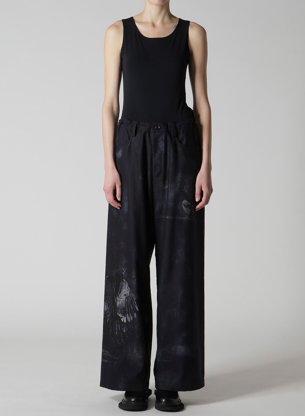 BIRD PRINT DENIM LONG STRAIGHT PANTS