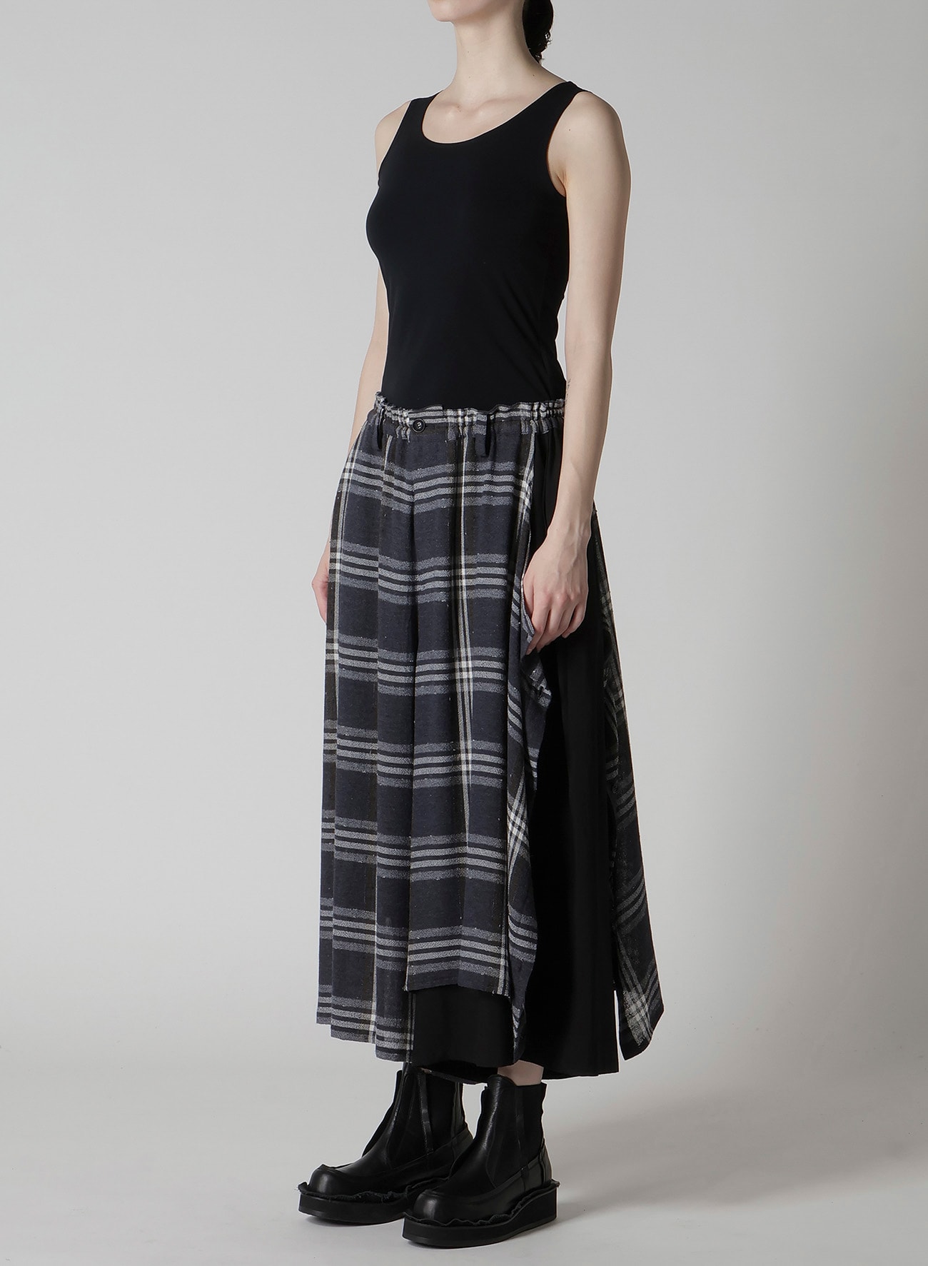 GAUZE PLAID LEFT DOUBLE BUTTON OPEN PANTS