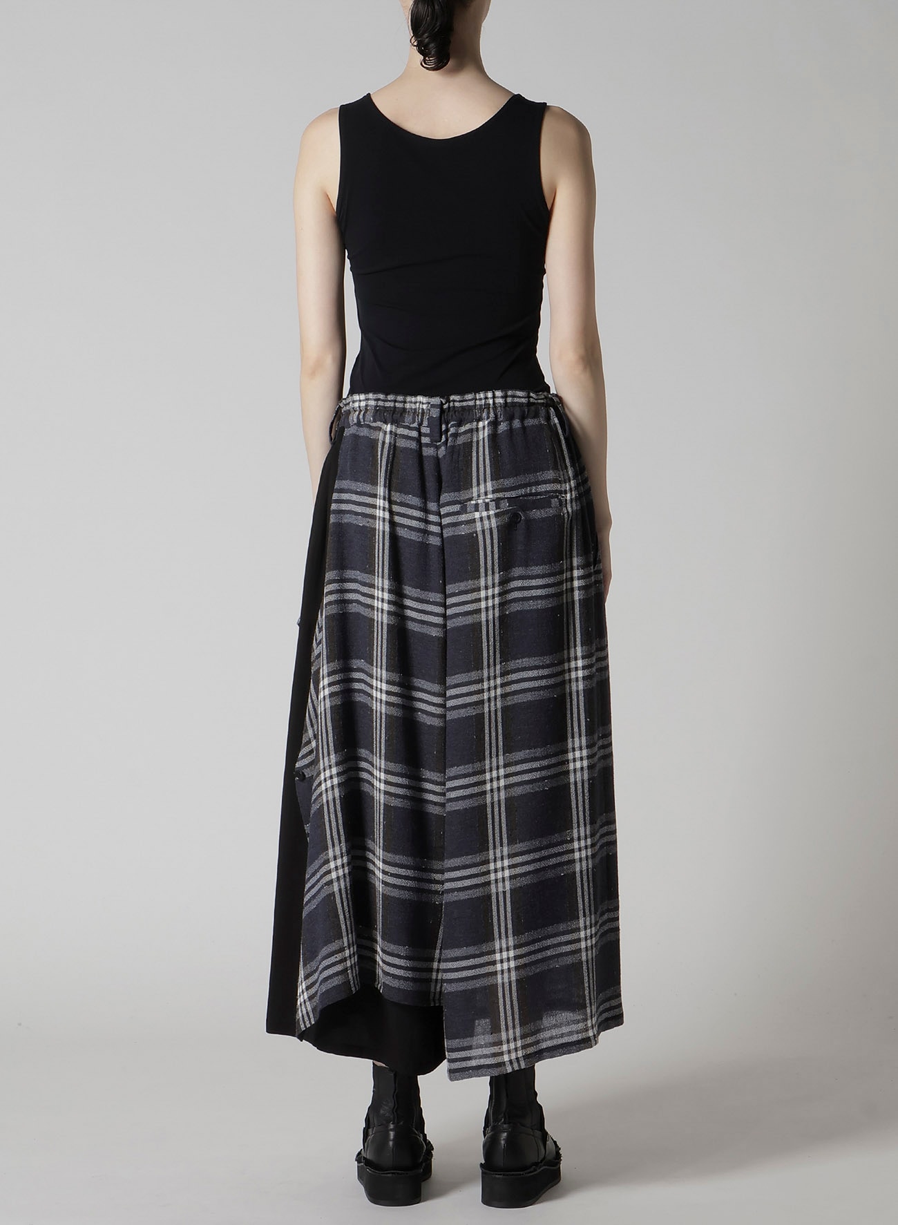 GAUZE PLAID LEFT DOUBLE BUTTON OPEN PANTS(XS Navy): Y's｜THE