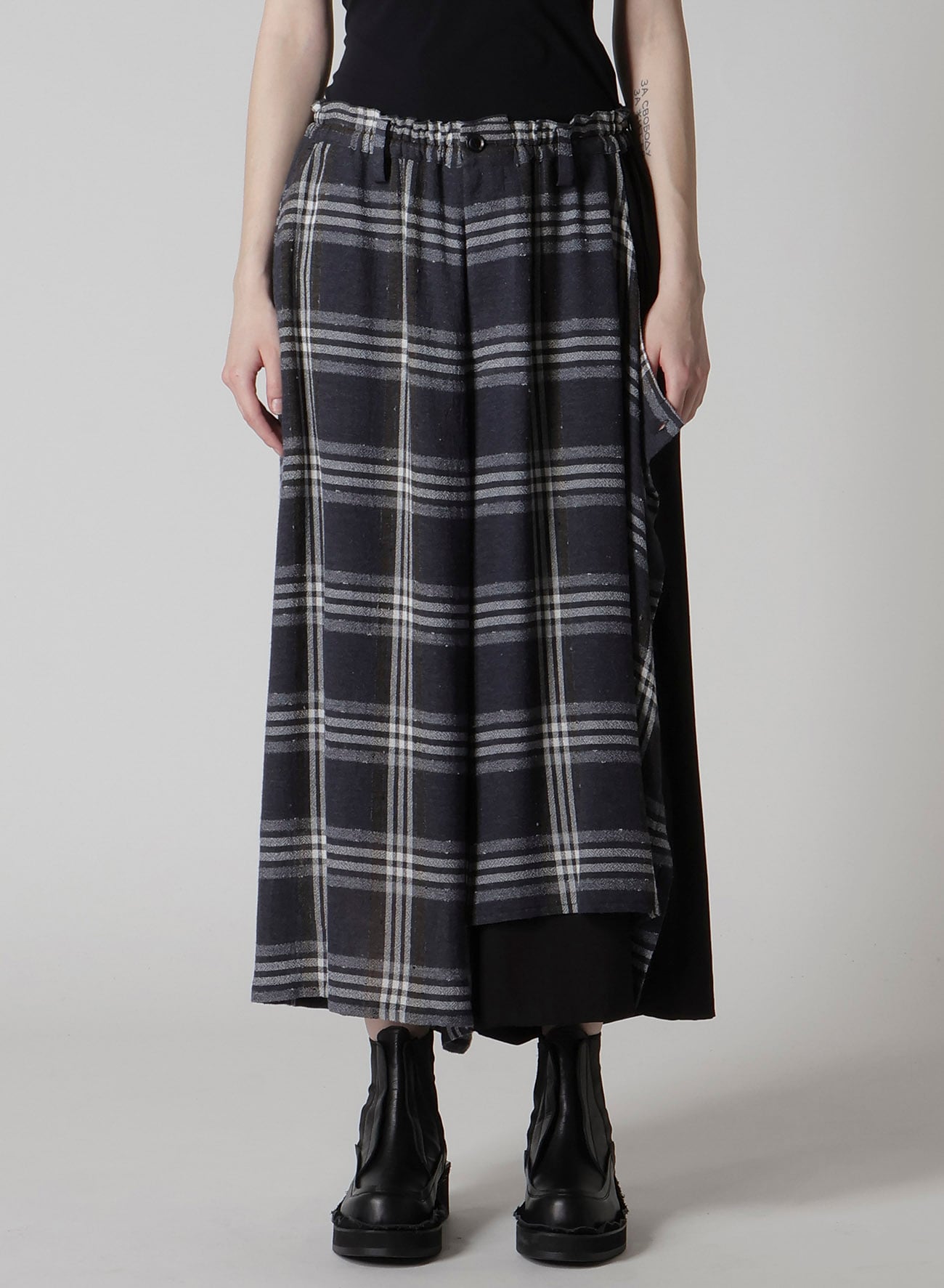 GAUZE PLAID LEFT DOUBLE BUTTON OPEN PANTS(XS Navy): Y's｜THE