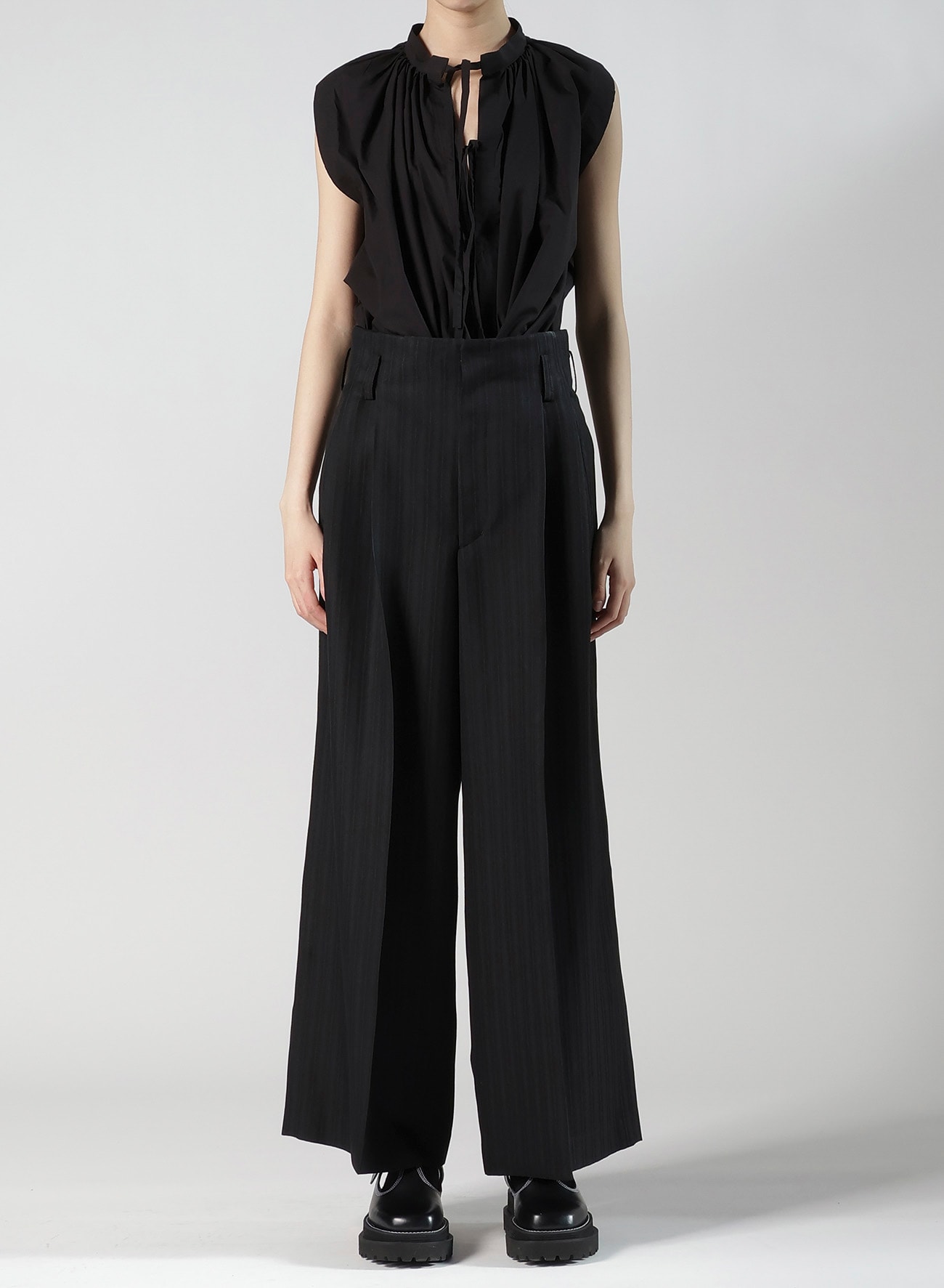 VISCOSE TWEED STRIPE DOUBLE TUCKED PANTS