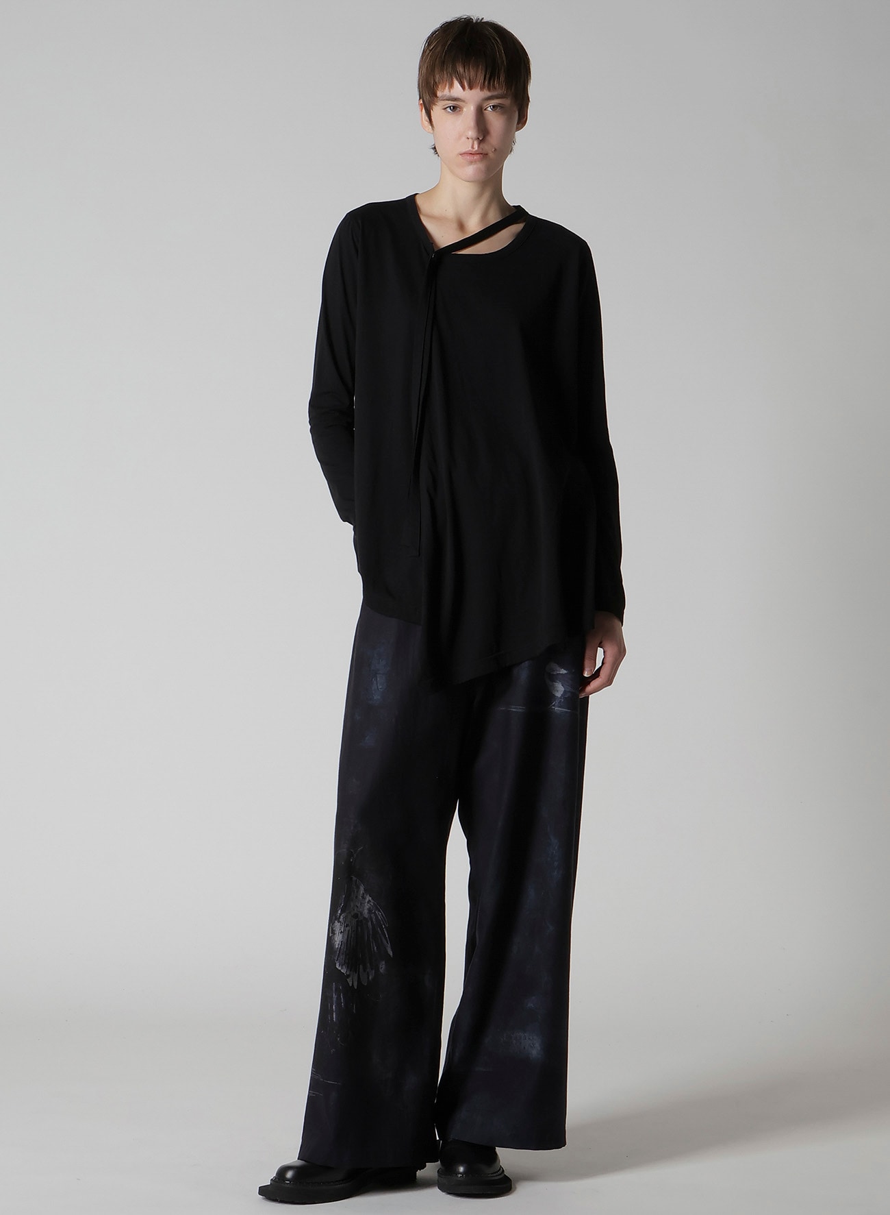 SOFT JERSEY STRING COLLAR LONG T(S Black): Y's｜THE SHOP