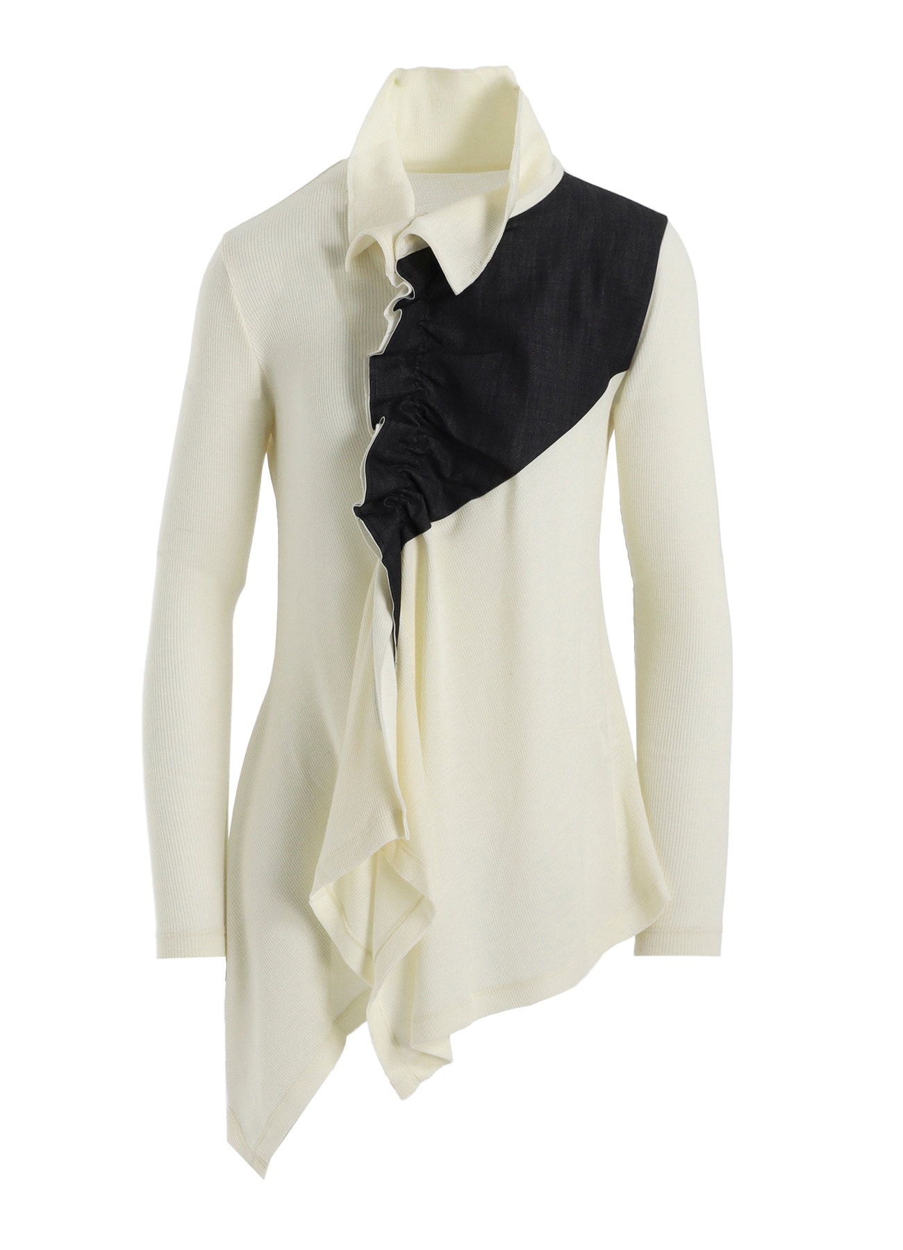 RIB/DENIM COMBINATION FLARE T WITH GATHERS