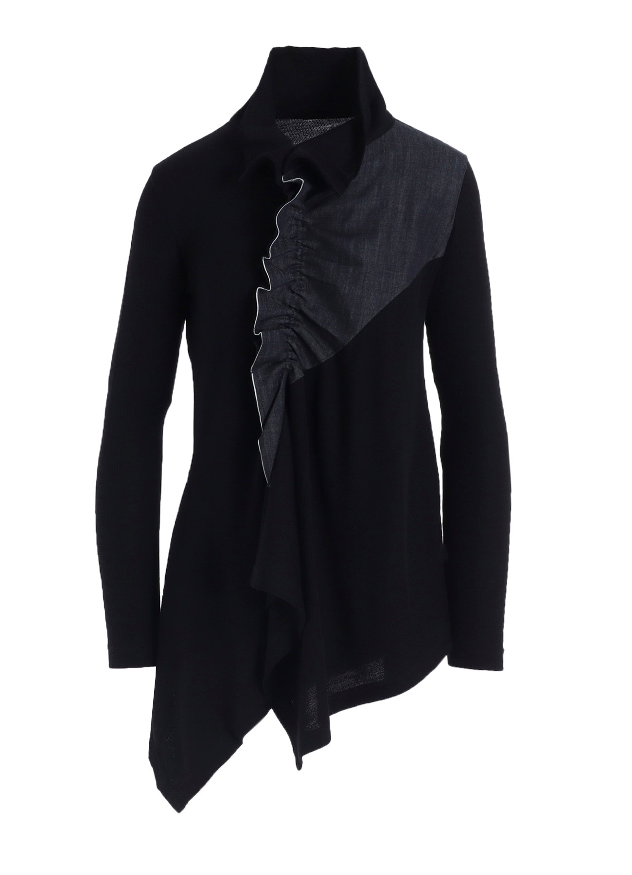 RIB/DENIM COMBINATION FLARE T WITH GATHERS