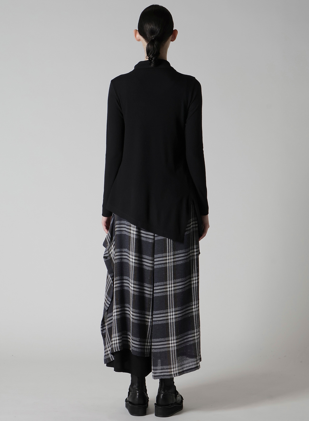 RIB/DENIM COMBINATION FLARE T WITH GATHERS