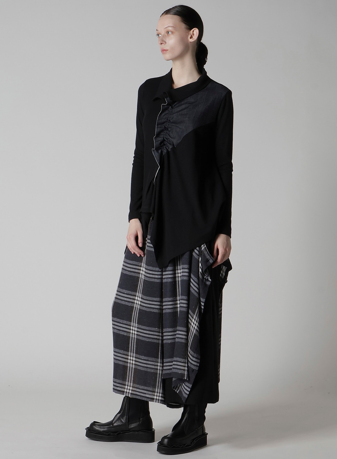 RIB/DENIM COMBINATION FLARE T WITH GATHERS