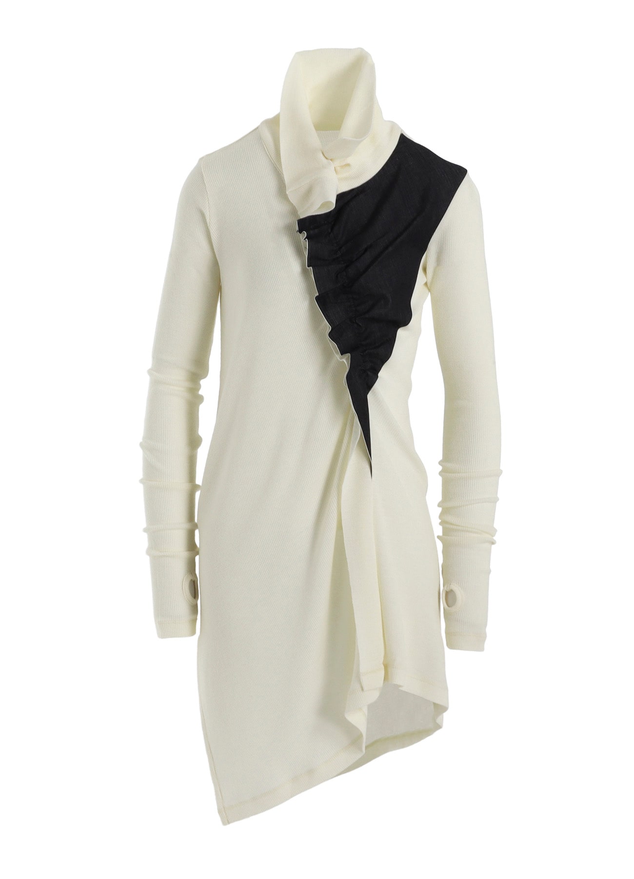 RIB/DENIM COMBINATION LONG T WITH GATHERS