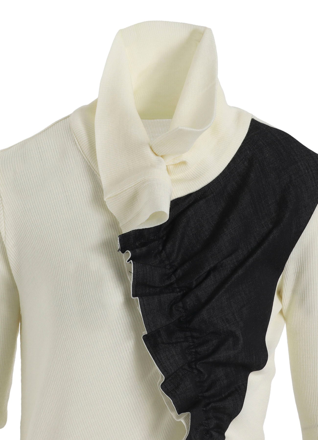 RIB/DENIM COMBINATION LONG T WITH GATHERS