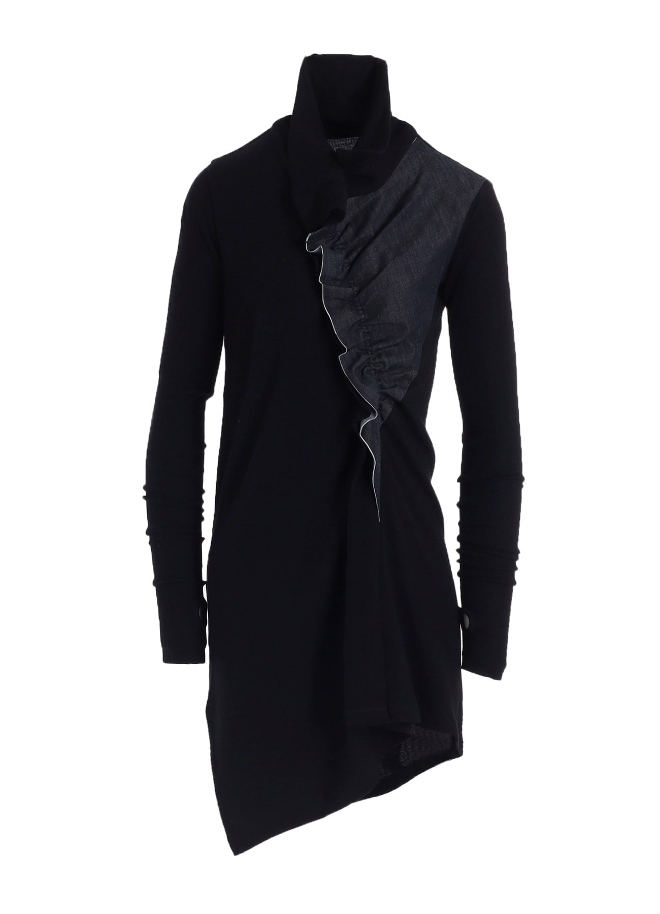 RIB/DENIM COMBINATION LONG T WITH GATHERS