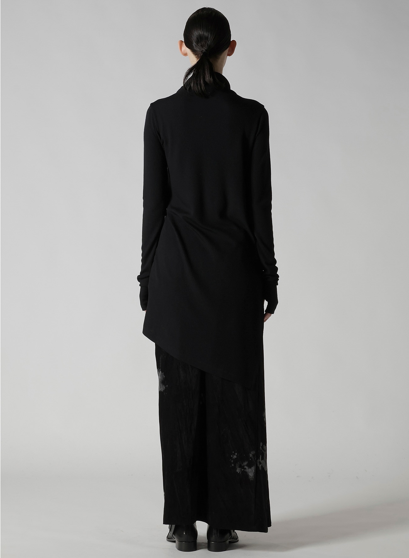 RIB/DENIM COMBINATION LONG T WITH GATHERS