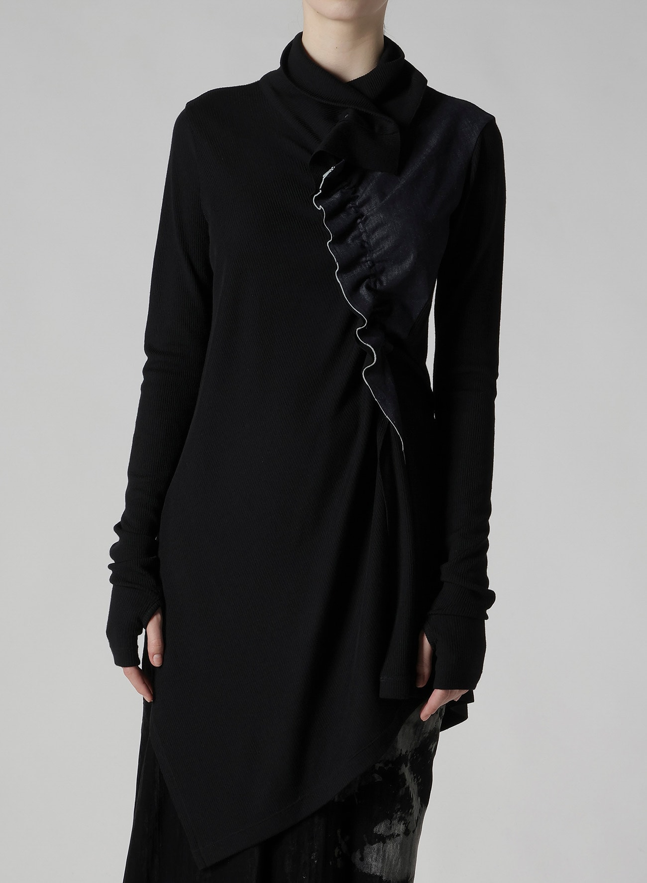 RIB/DENIM COMBINATION LONG T WITH GATHERS