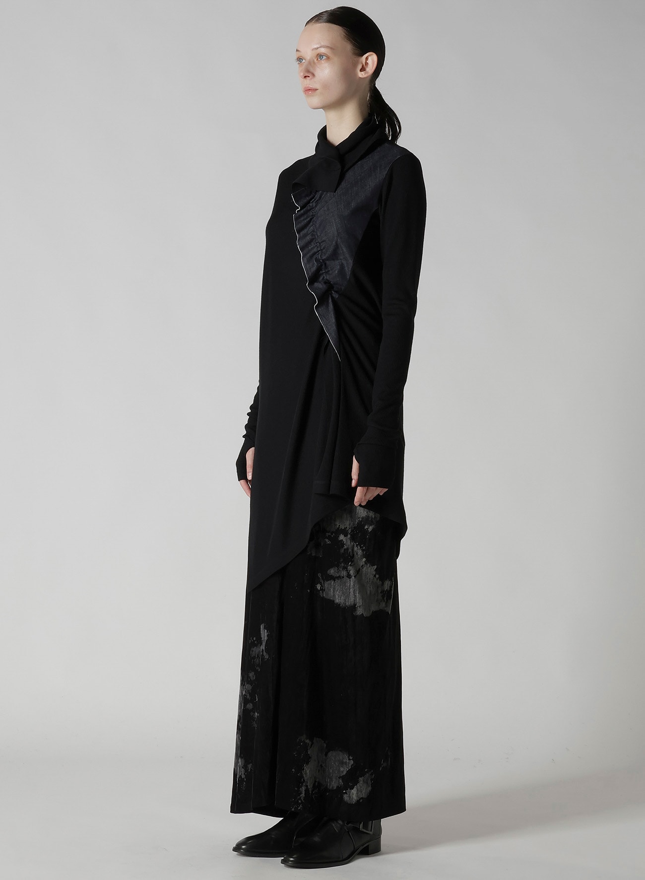 RIB/DENIM COMBINATION LONG T WITH GATHERS