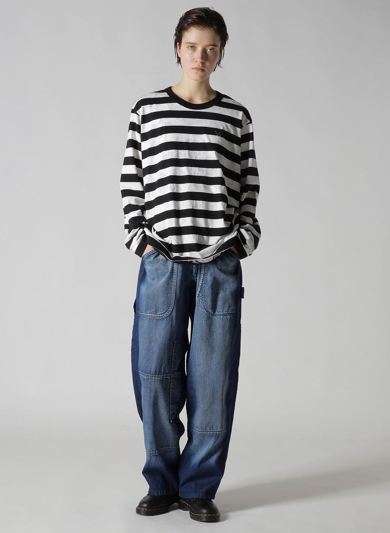 FLOWER PRINT/STRIPE Y'S STITCH LONG SLEEVE T(L Black): Y's
