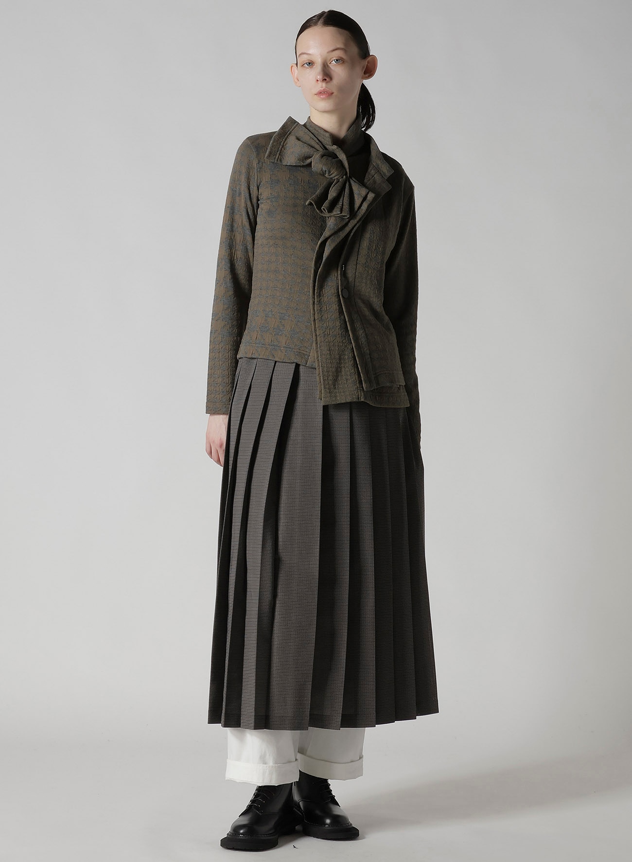 LENO CLOTH HOUNDSTOOTH PLETED SKIRT(S Brown): Y's｜THE SHOP