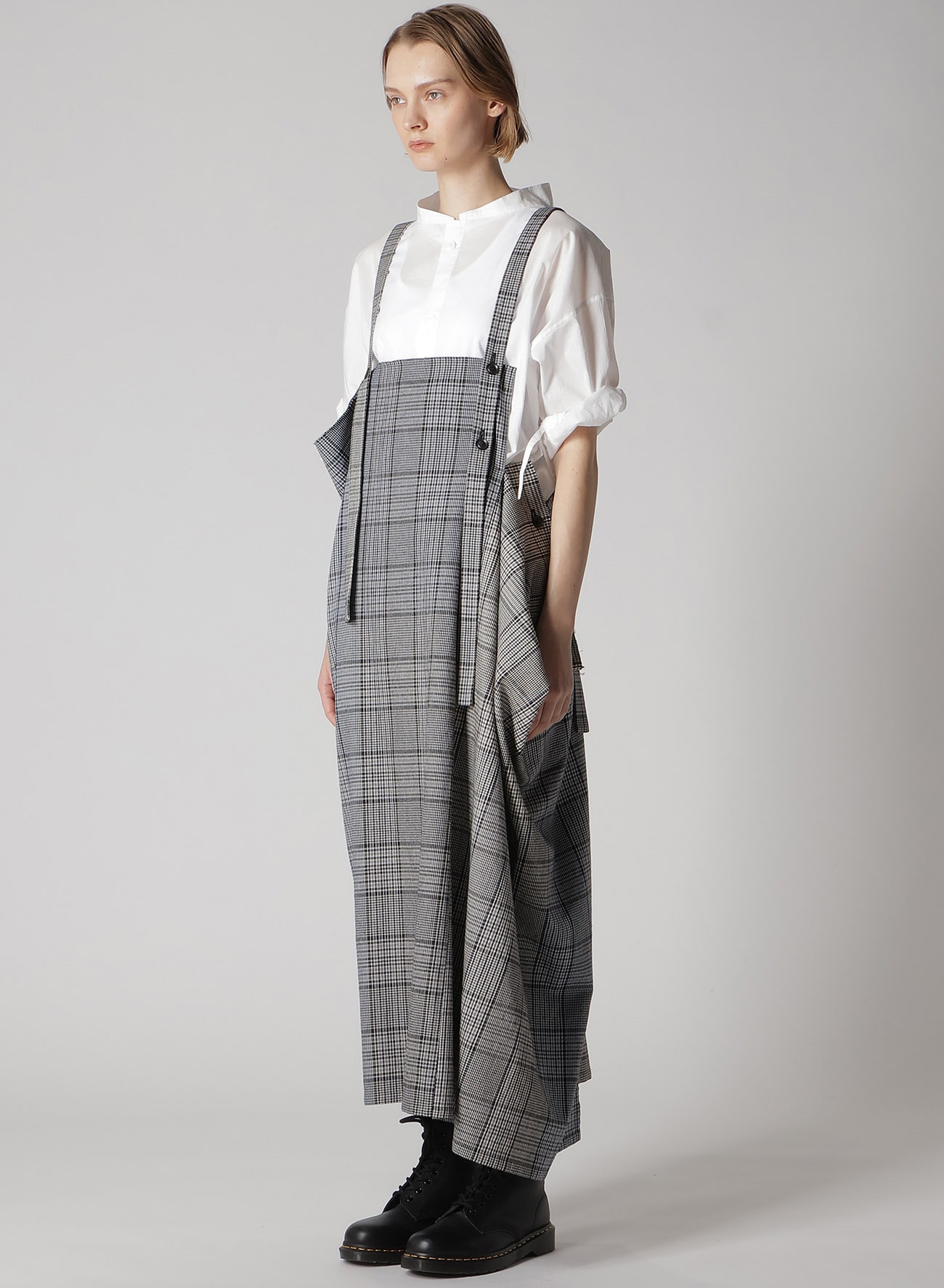 GRID PLAID SQUARE SHOULDER STRAP DRESS