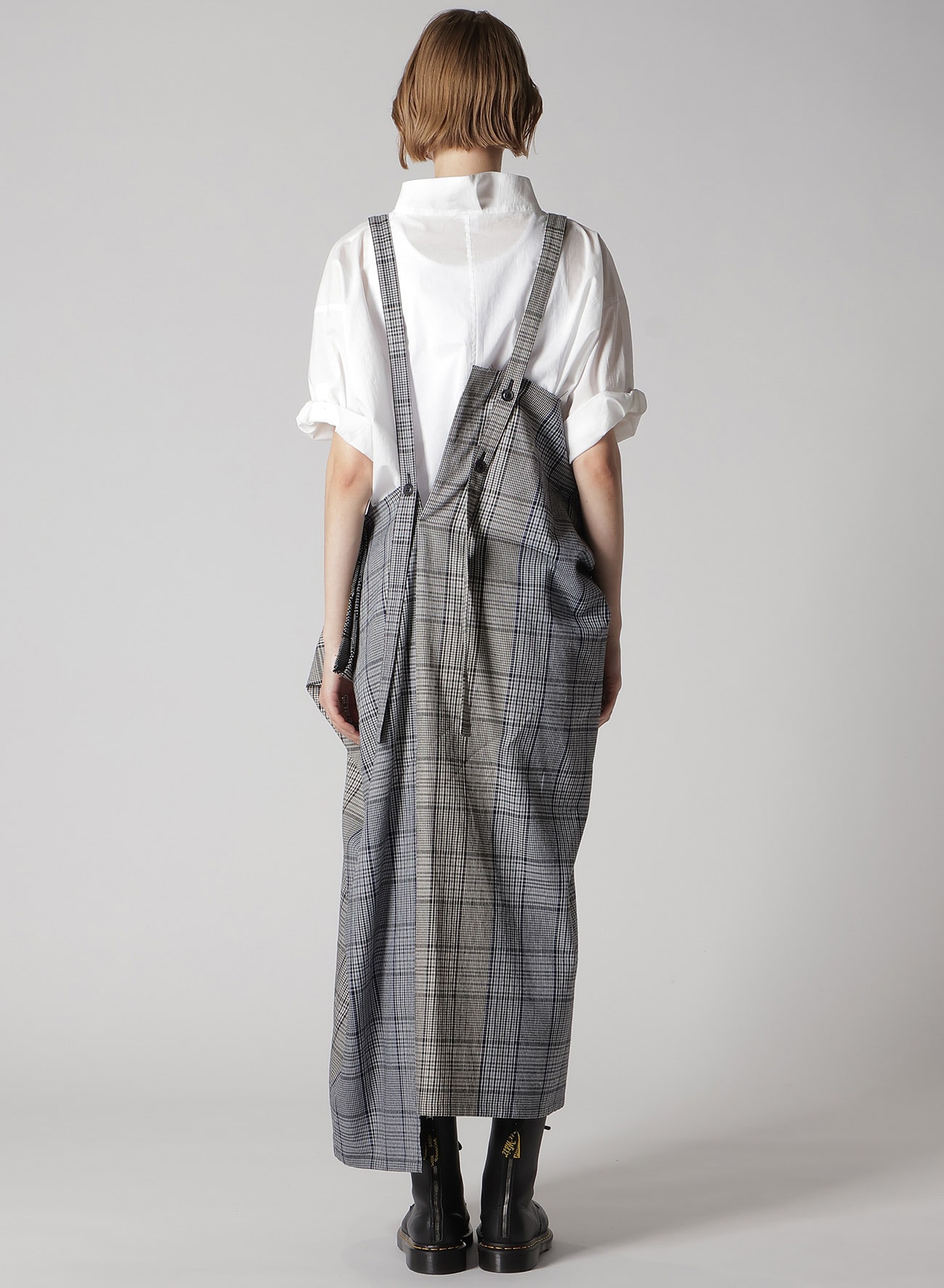 GRID PLAID SQUARE SHOULDER STRAP DRESS