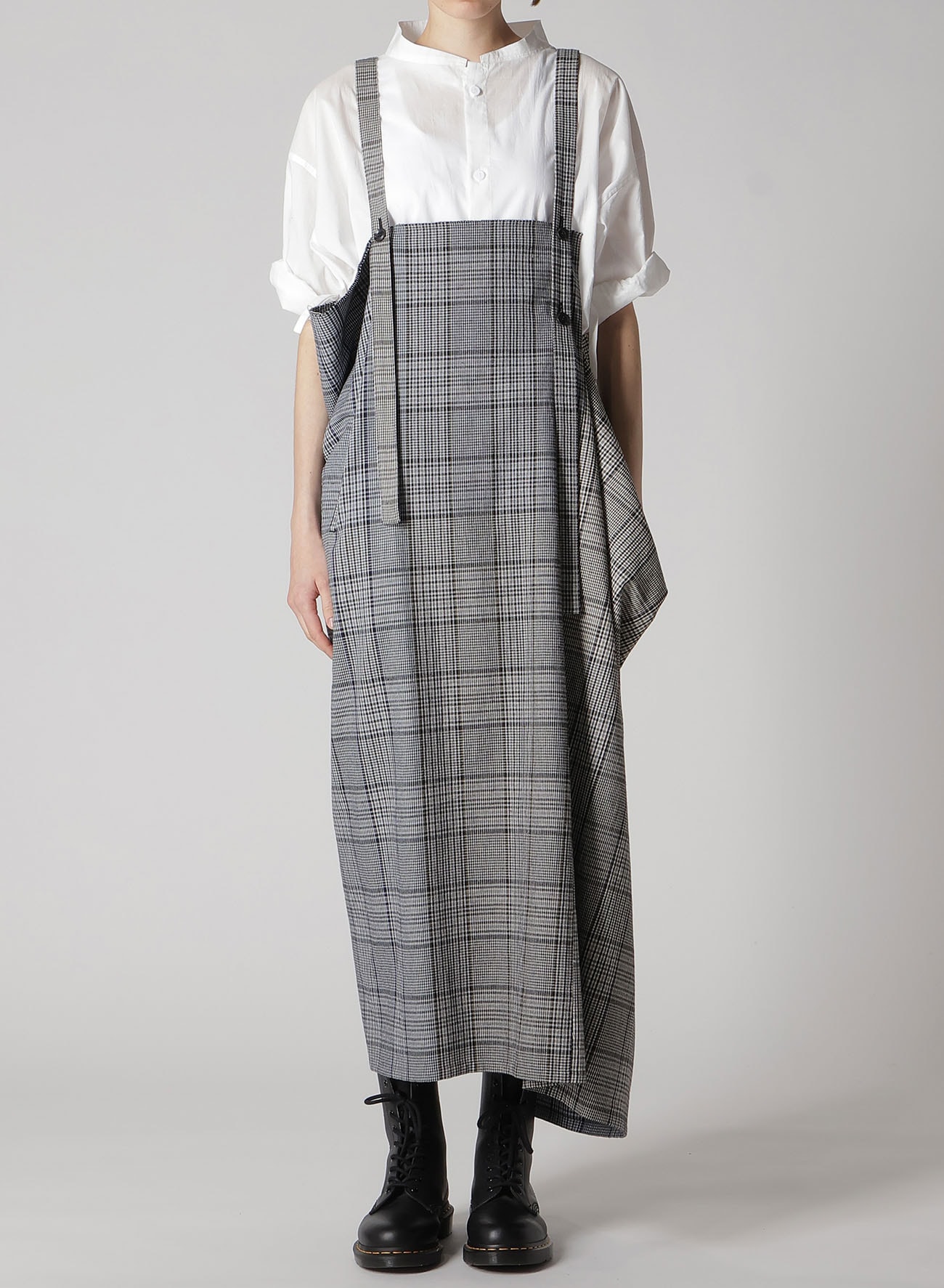 GRID PLAID SQUARE SHOULDER STRAP DRESS