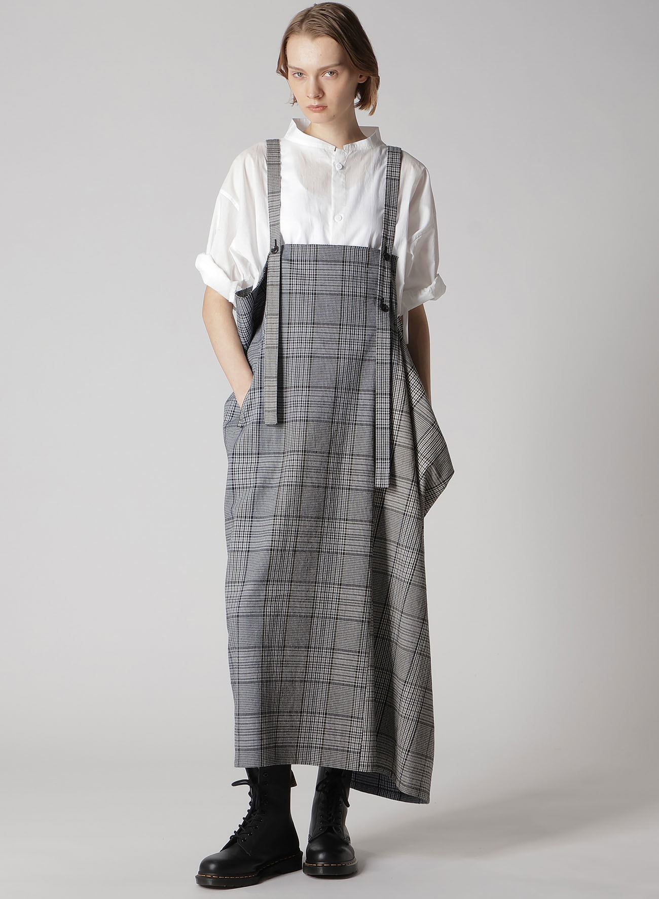 GRID PLAID SQUARE SHOULDER STRAP DRESS