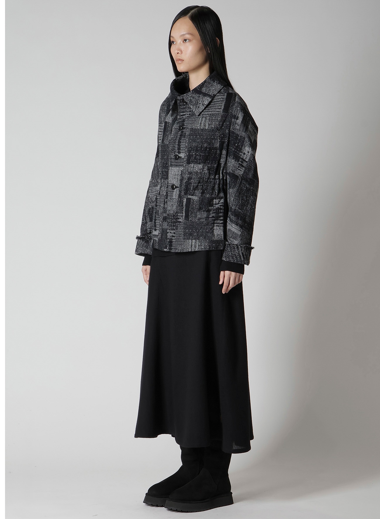 PATCHWORK JACQUARD OFF COLLAR DESGN JACKET