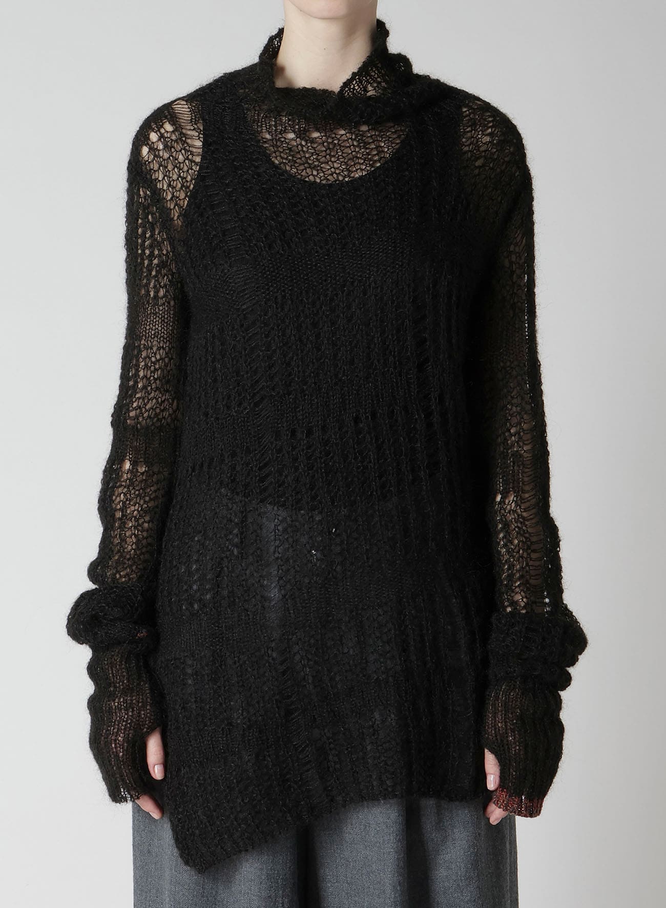 SHEER PLAID ASYMMETRIC LONG KNIT