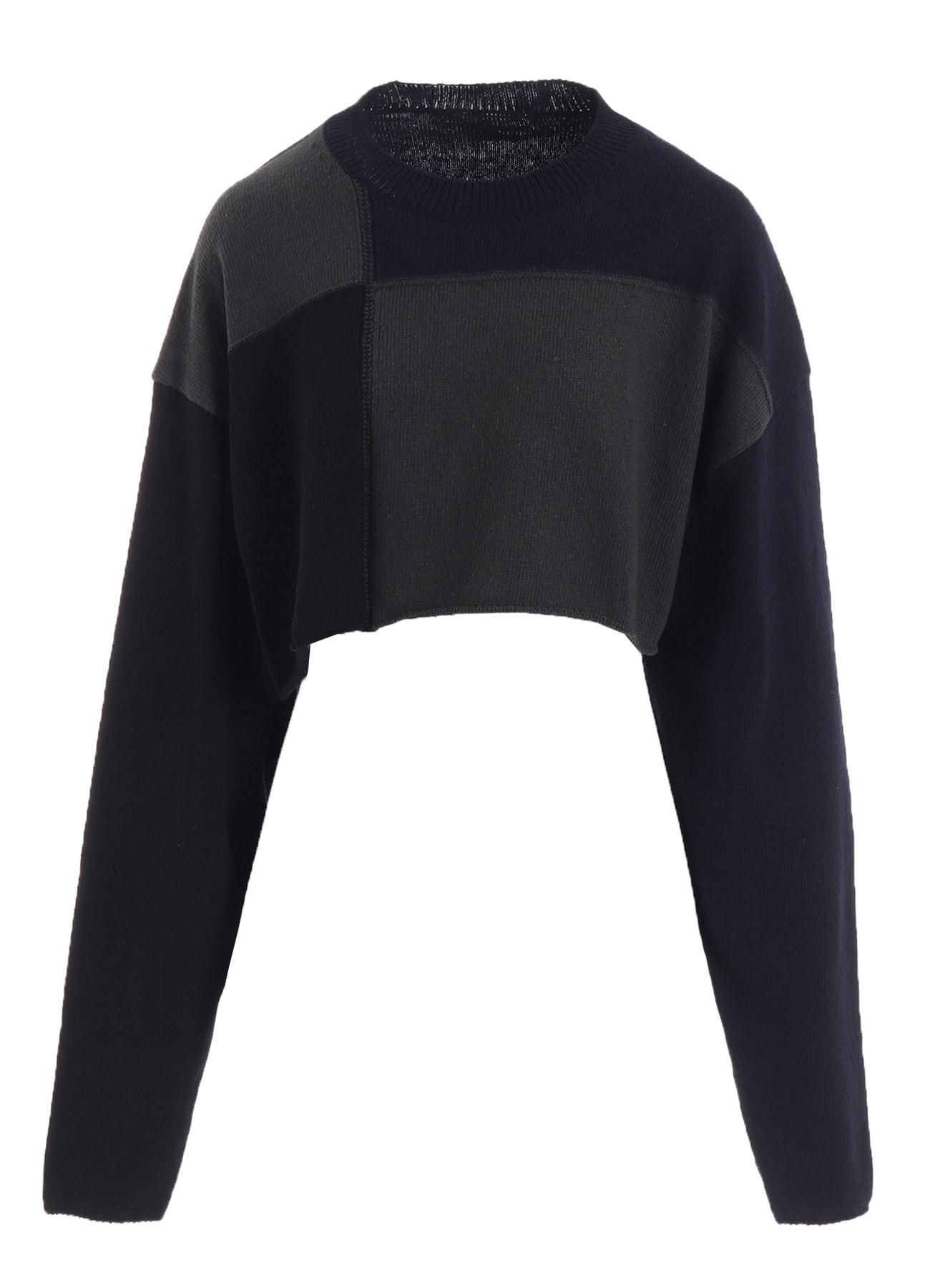 HARD-TWISTED BLOCK INTARSIA ROUND NECK SHORT PULLOVER