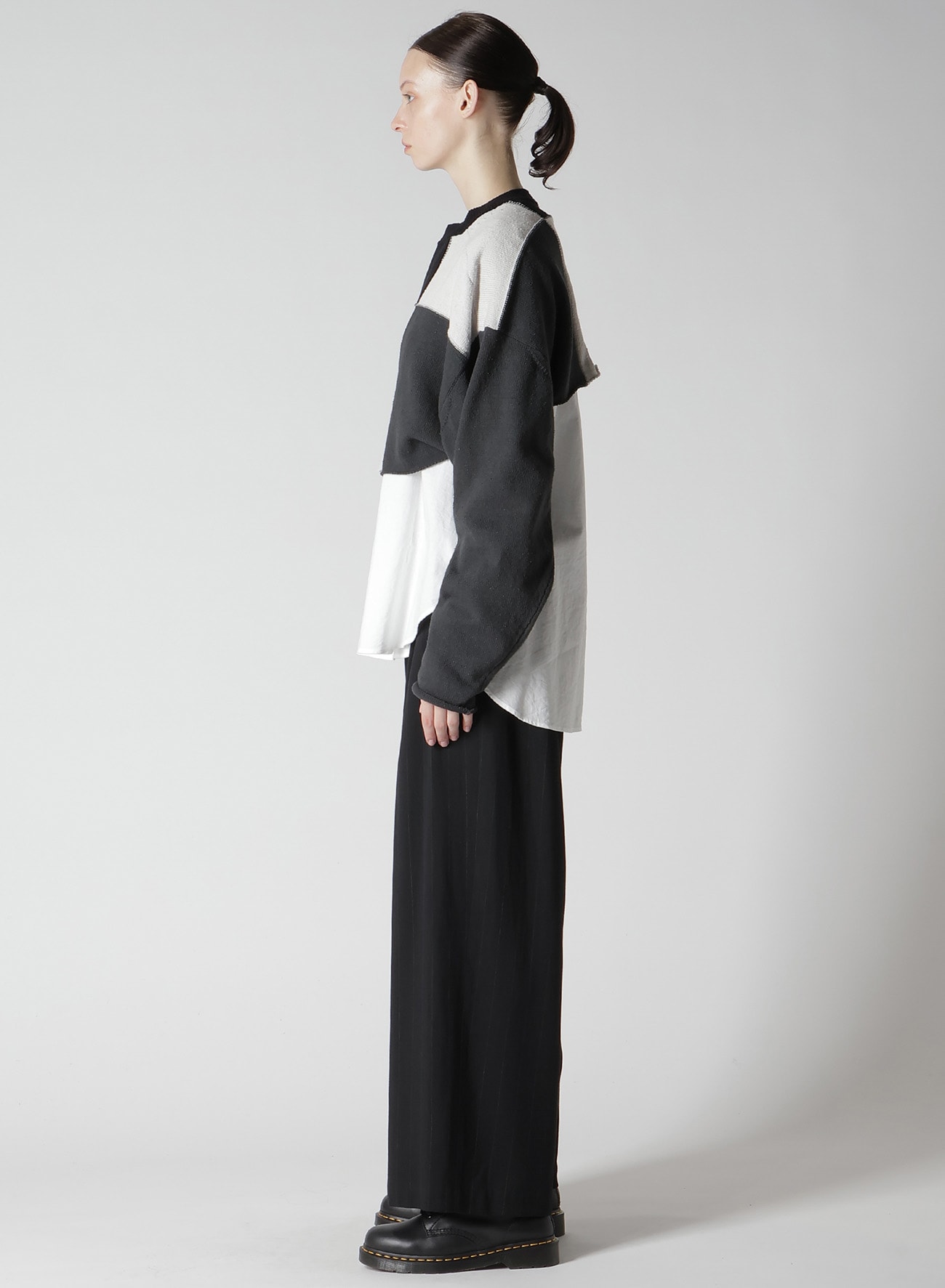 HARD-TWISTED BLOCK INTARSIA ROUND NECK SHORT PULLOVER