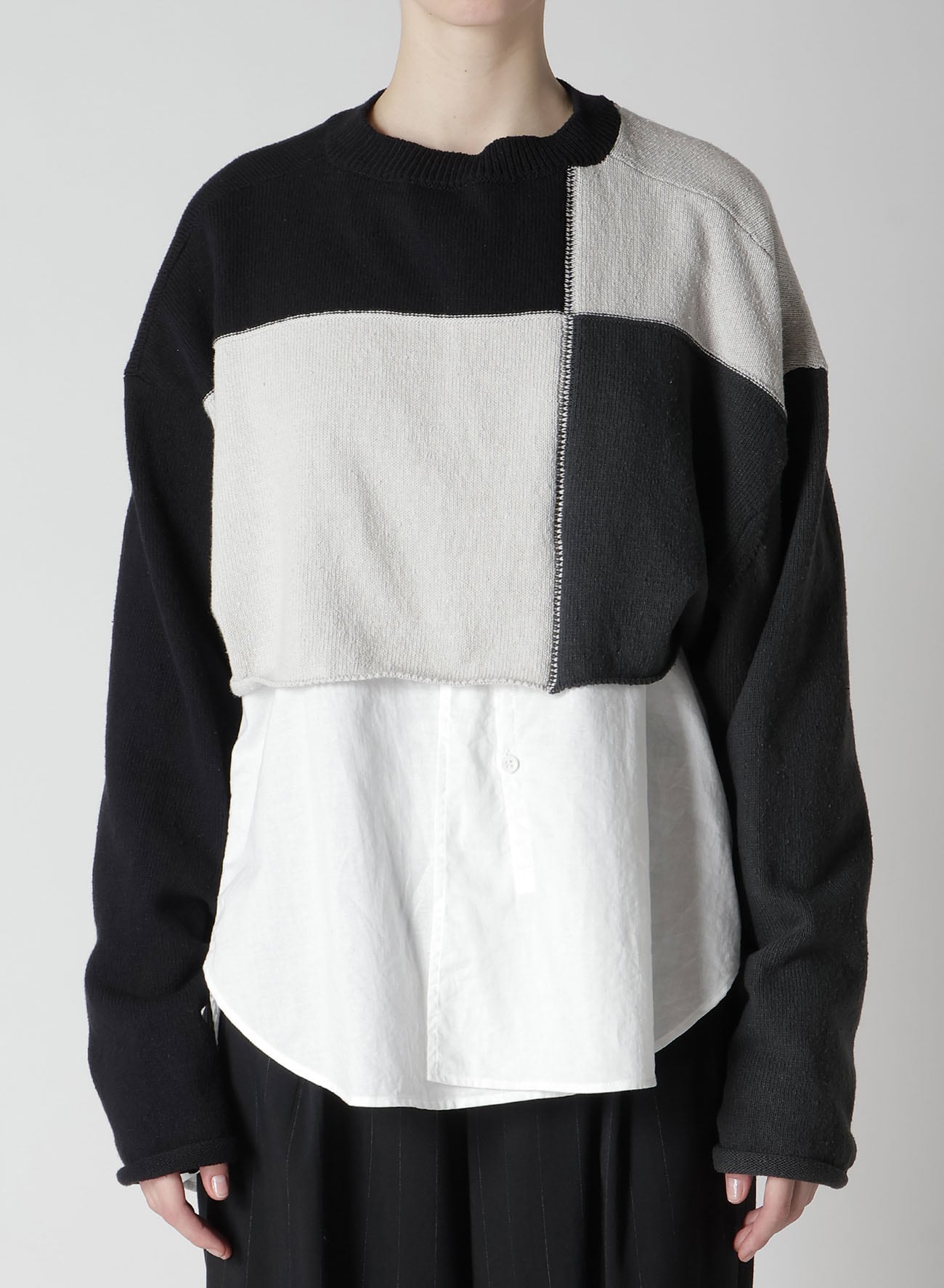 HARD-TWISTED BLOCK INTARSIA ROUND NECK SHORT PULLOVER