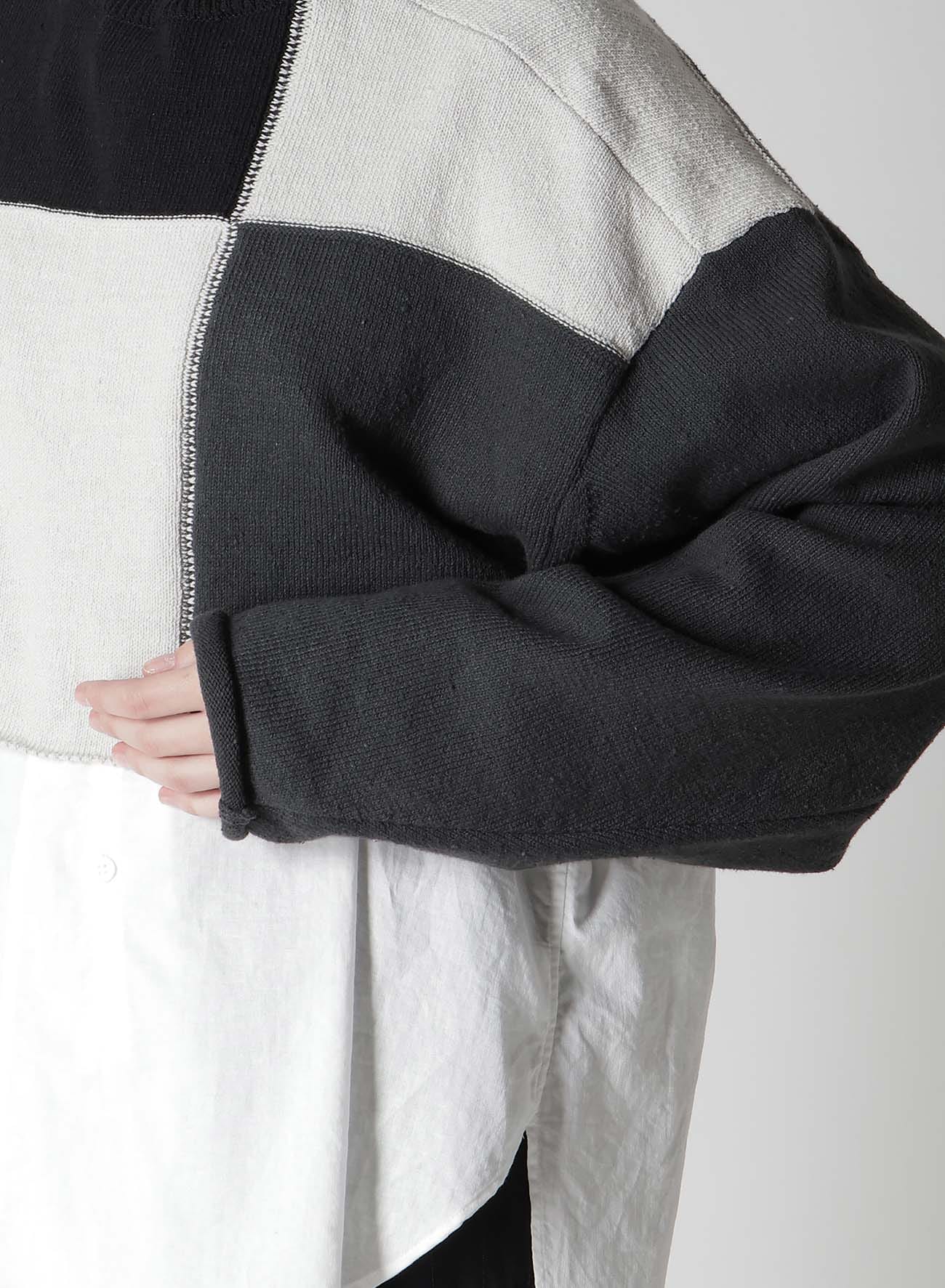 HARD-TWISTED BLOCK INTARSIA ROUND NECK SHORT PULLOVER