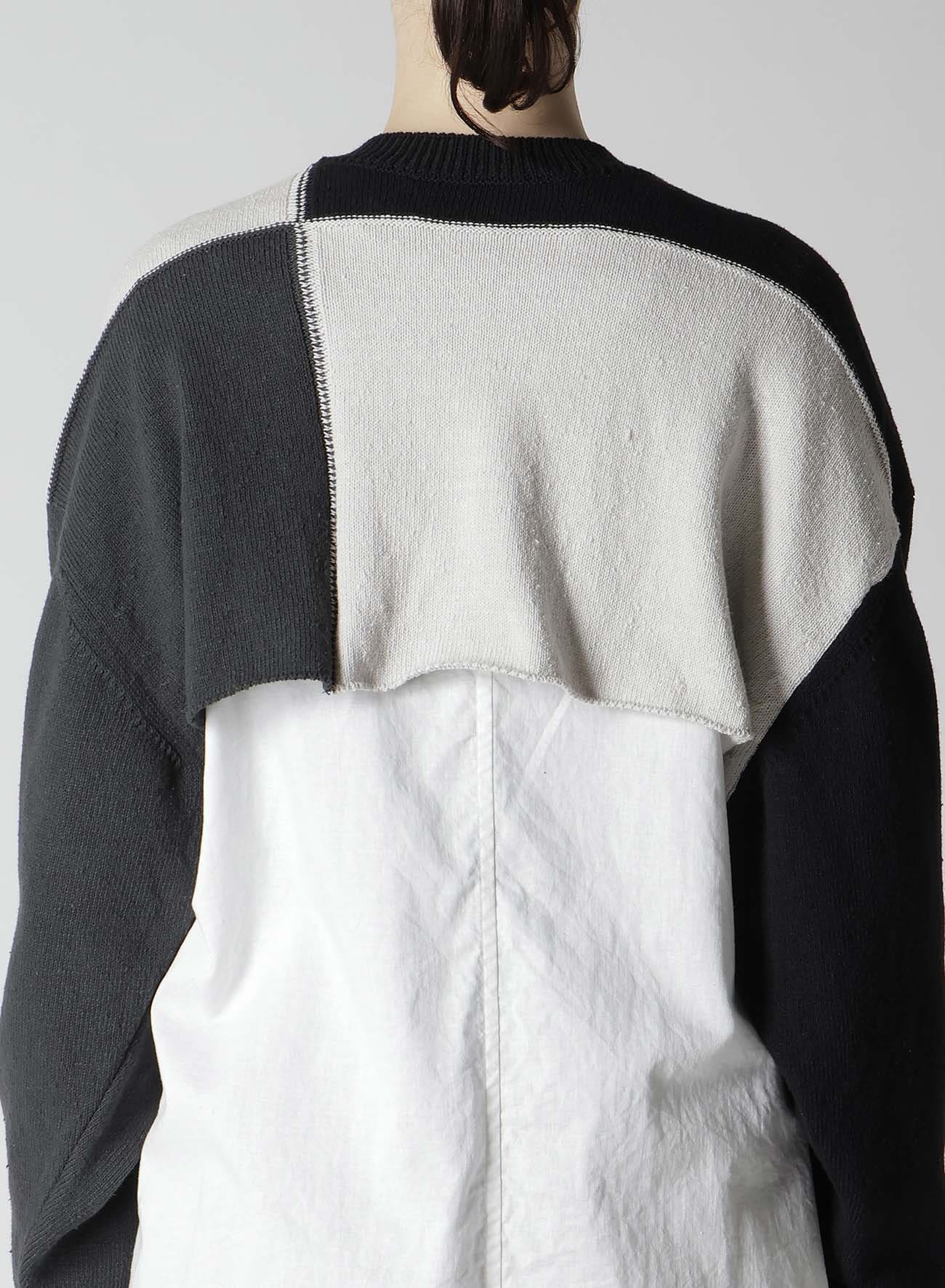 HARD-TWISTED BLOCK INTARSIA ROUND NECK SHORT PULLOVER