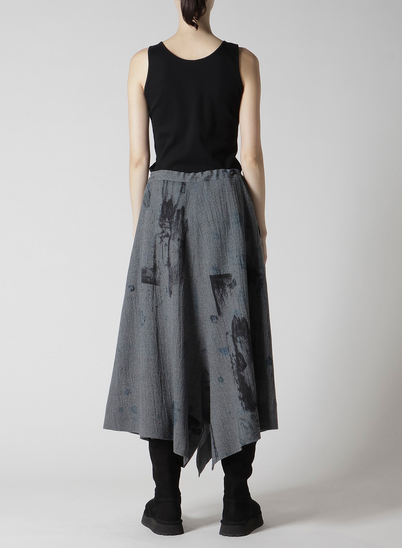WOOL GAUZE SMUDGED POLKA DOT SLITTED RIGHT HEM PANTS