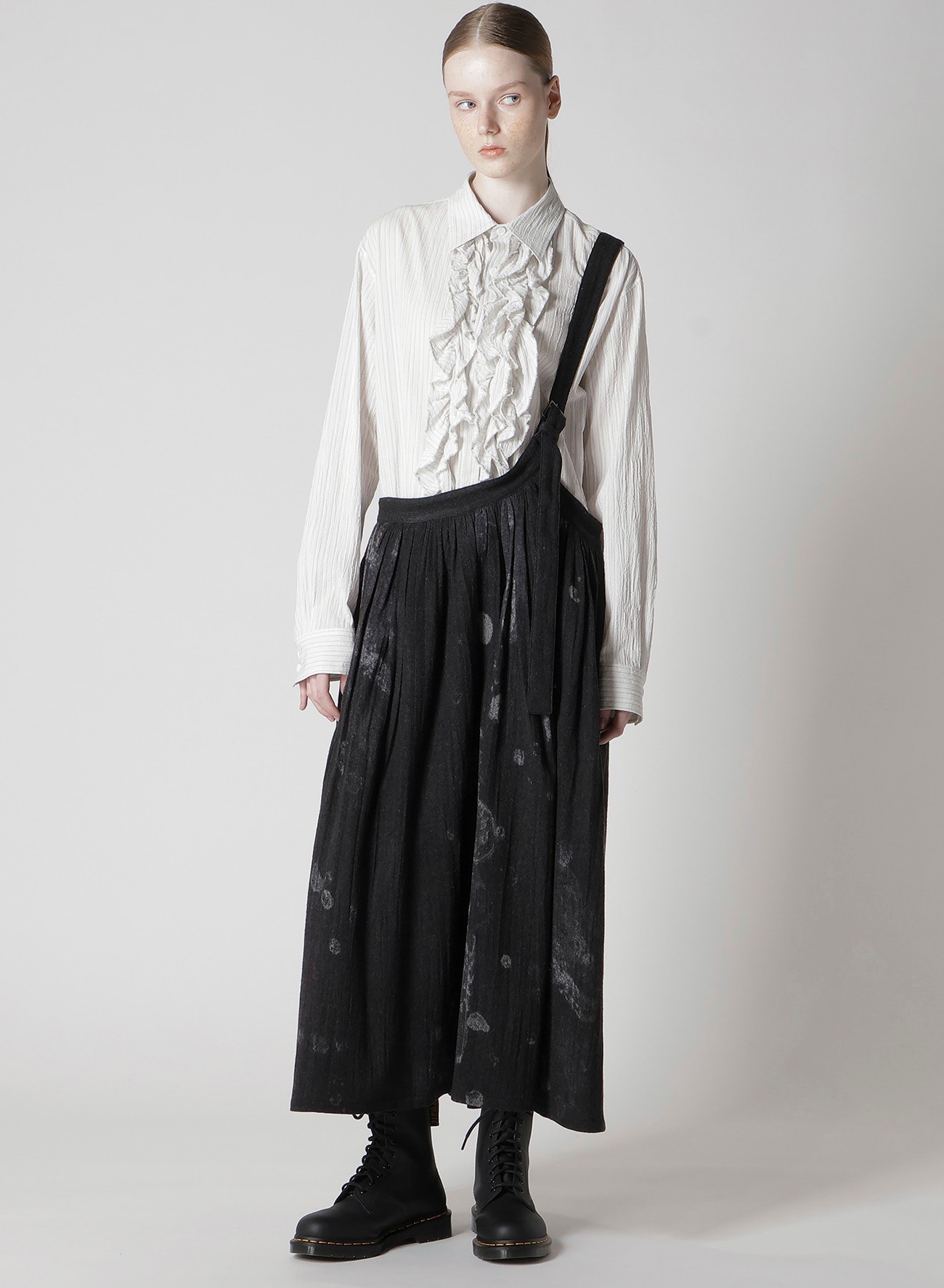 WOOL GAUZE SMUDGED POLKA DOT SINGLE STRAP SKIRT