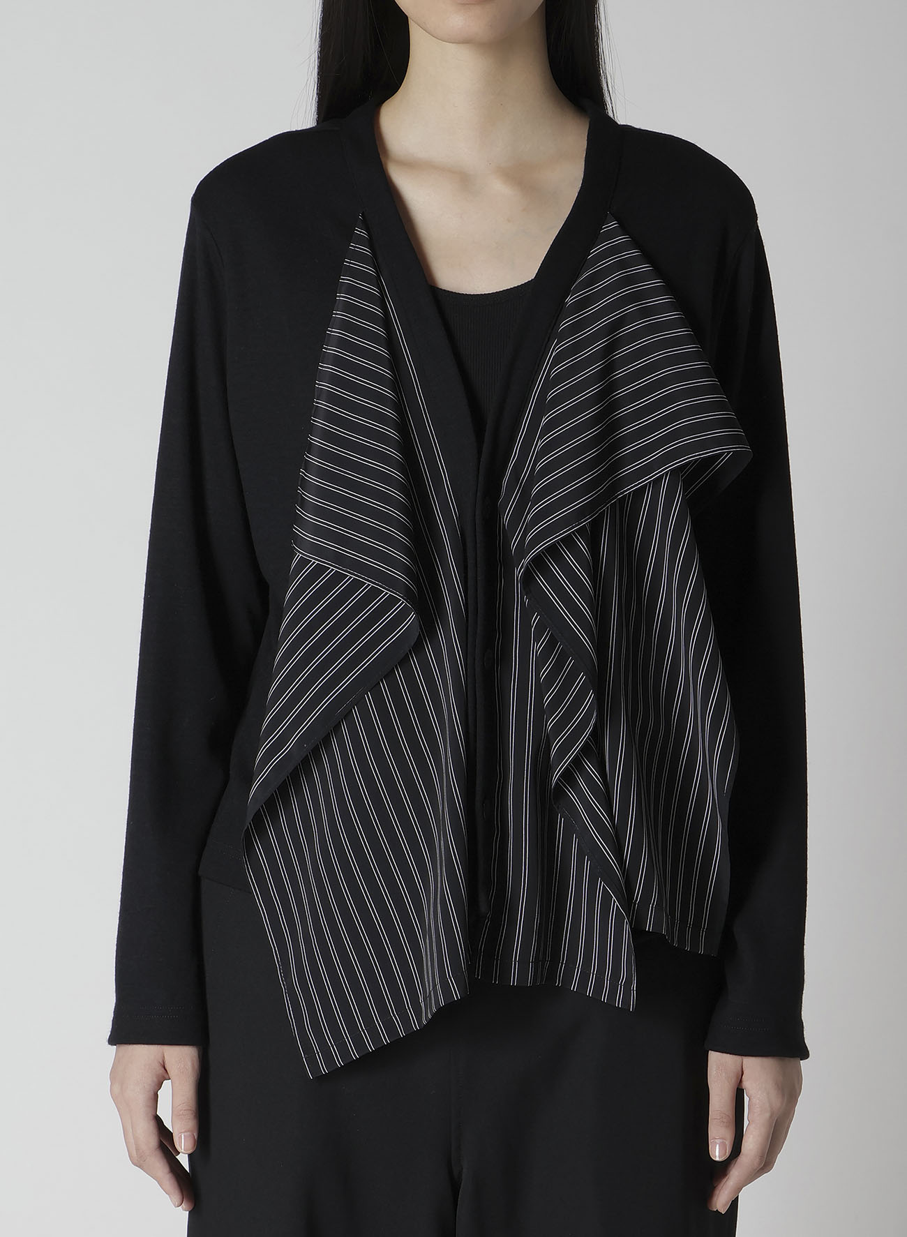 COTTON/CREPE DE CHINE FLARE 3-BUTTON CARDIGAN