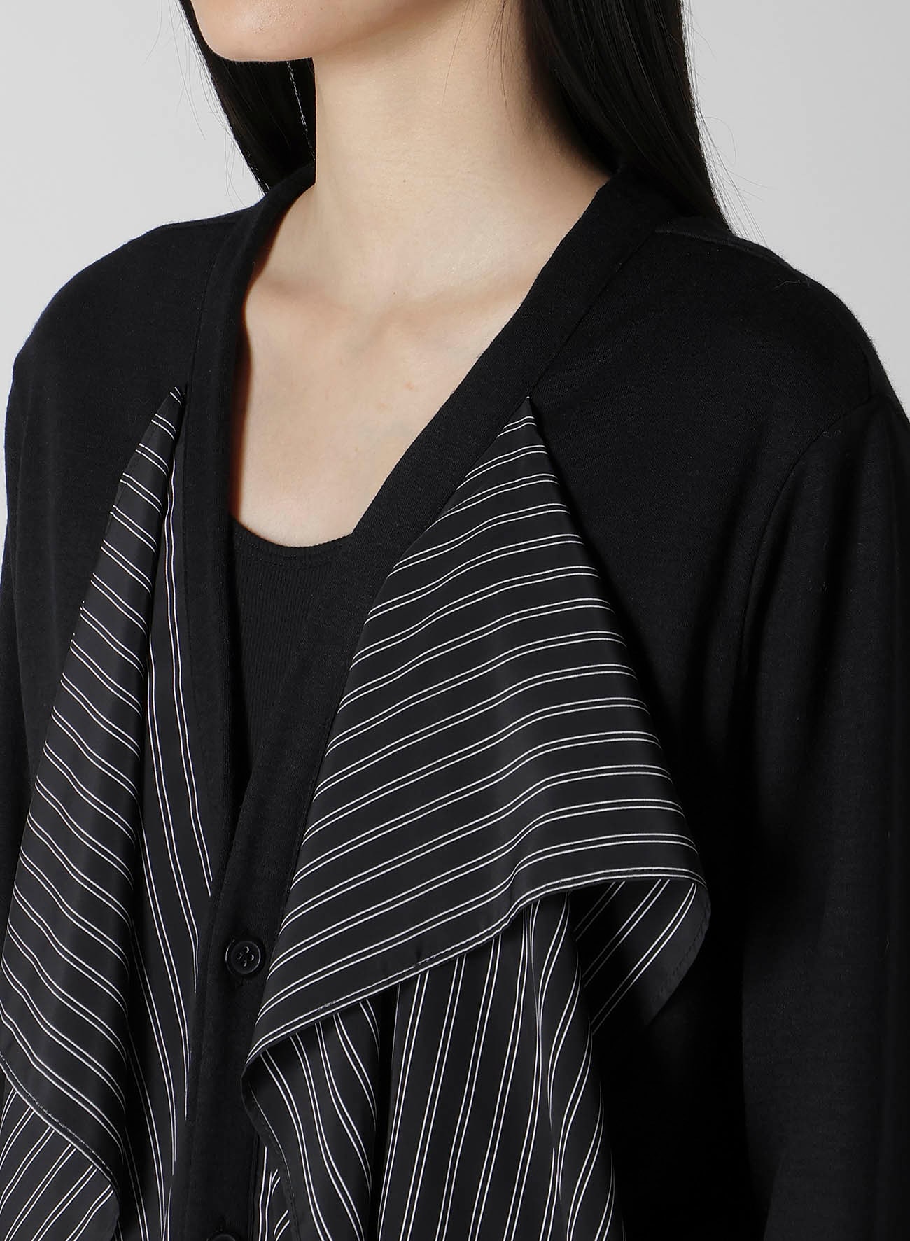 COTTON/CREPE DE CHINE FLARE 3-BUTTON CARDIGAN