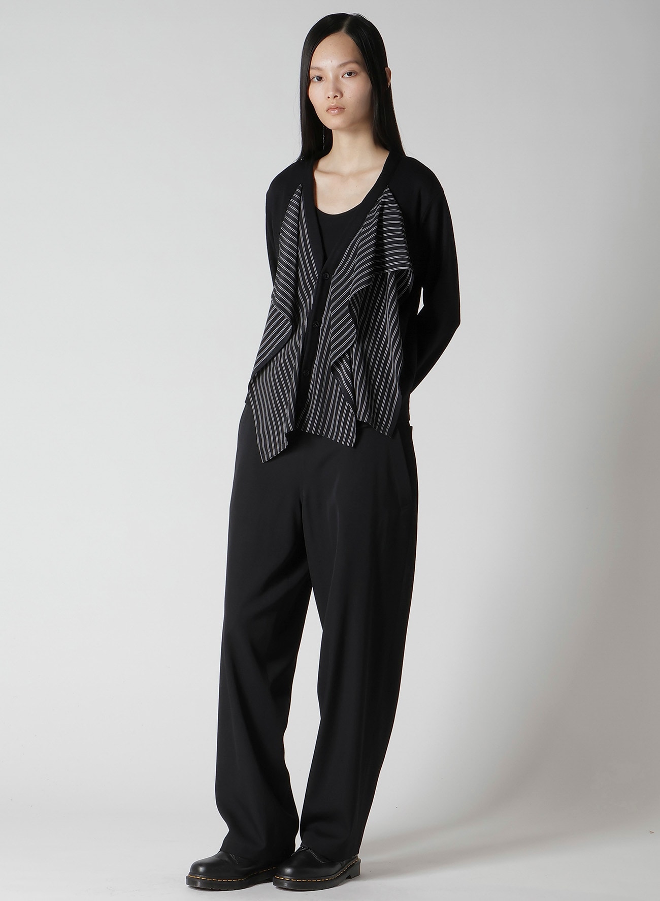 COTTON/CREPE DE CHINE FLARE 3-BUTTON CARDIGAN