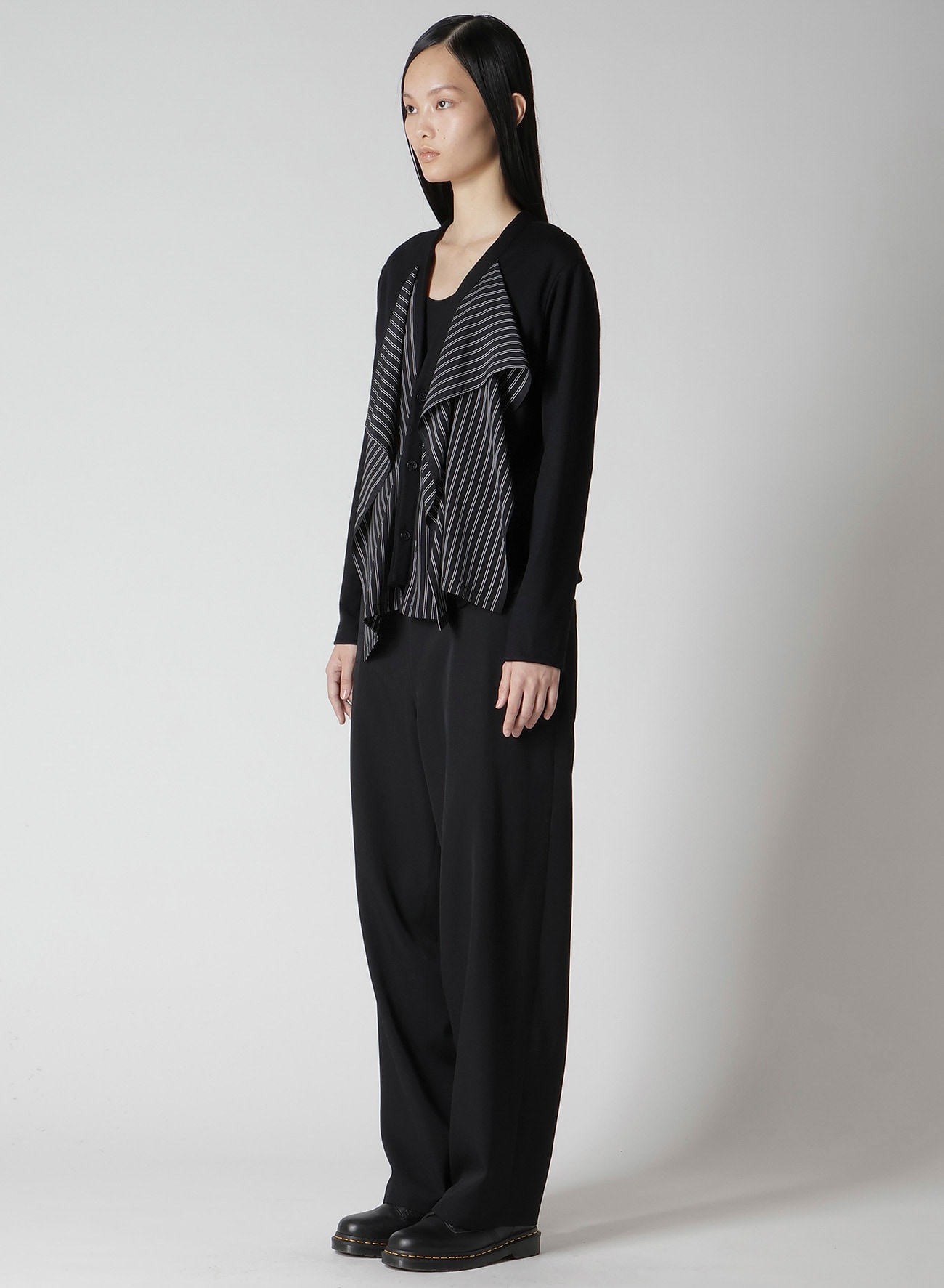 COTTON/CREPE DE CHINE FLARE 3-BUTTON CARDIGAN