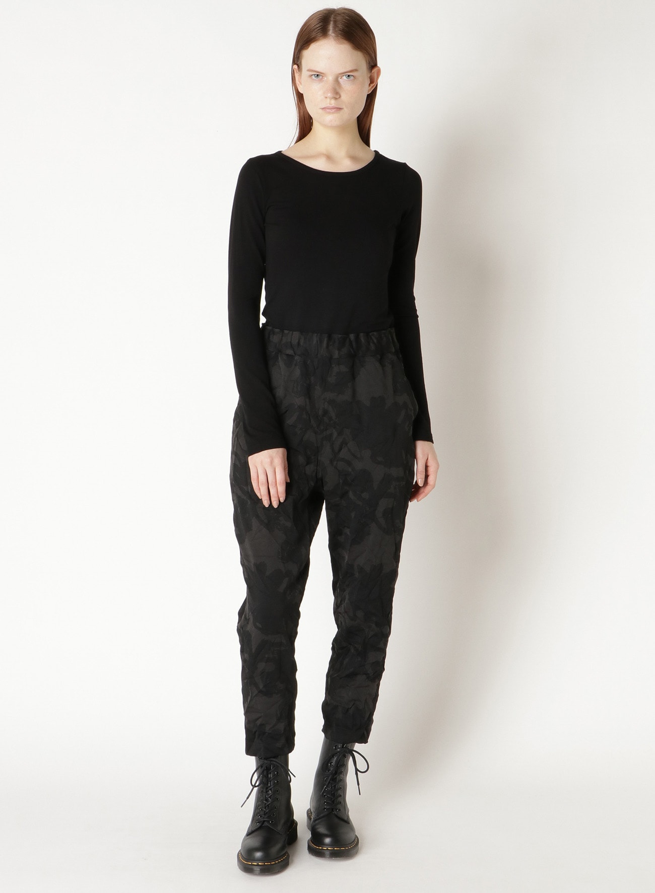 FLOWER PRINT SHRINK ELASTIC WAIST PANTS