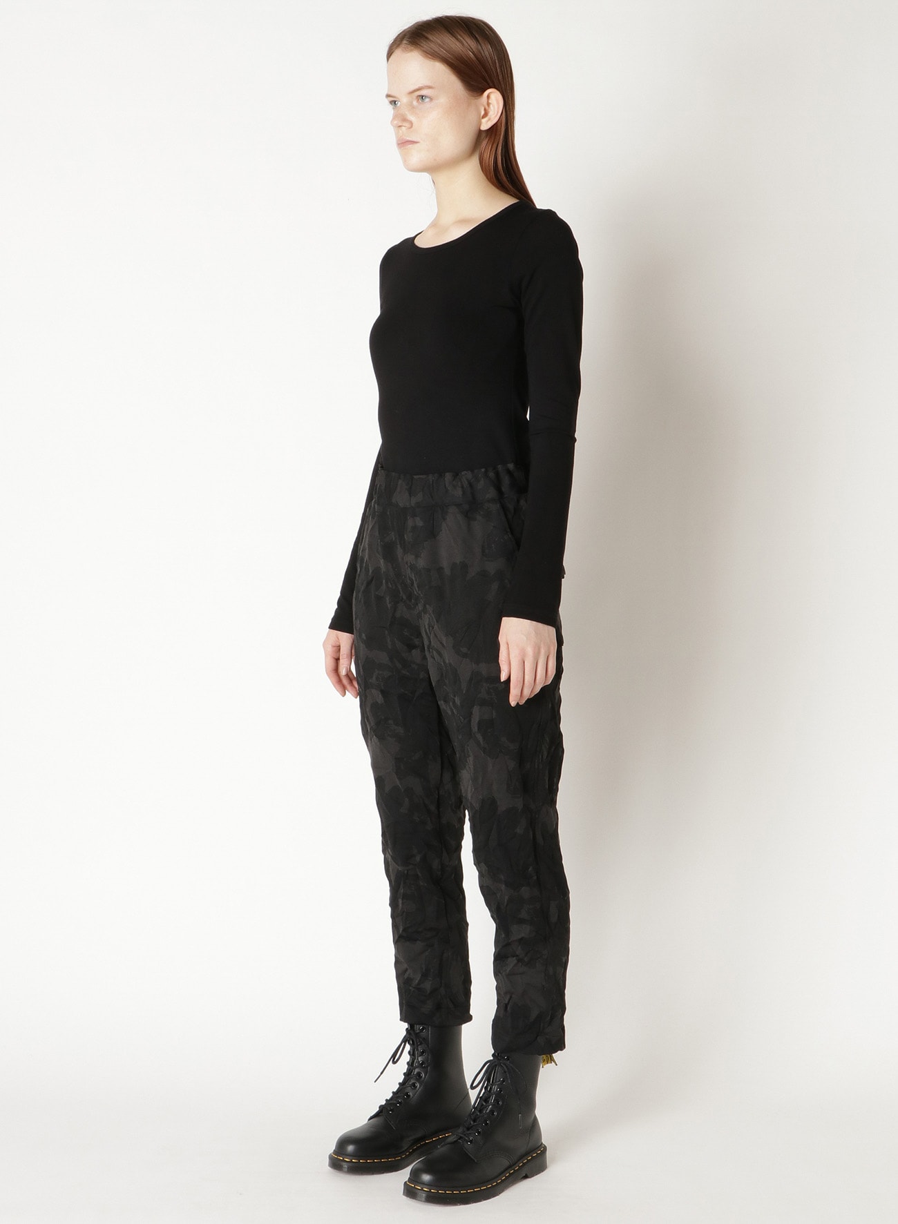 FLOWER PRINT SHRINK ELASTIC WAIST PANTS