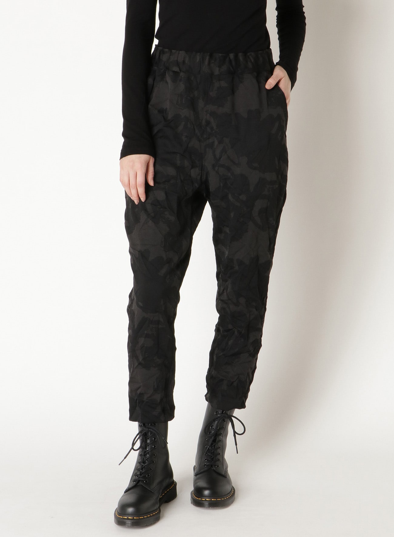 FLOWER PRINT SHRINK ELASTIC WAIST PANTS