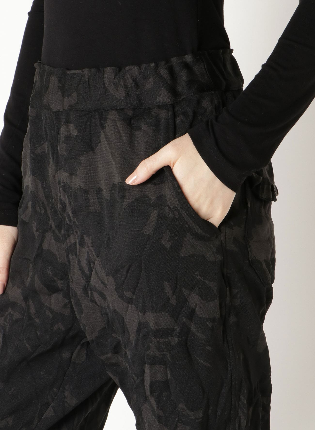 FLOWER PRINT SHRINK ELASTIC WAIST PANTS