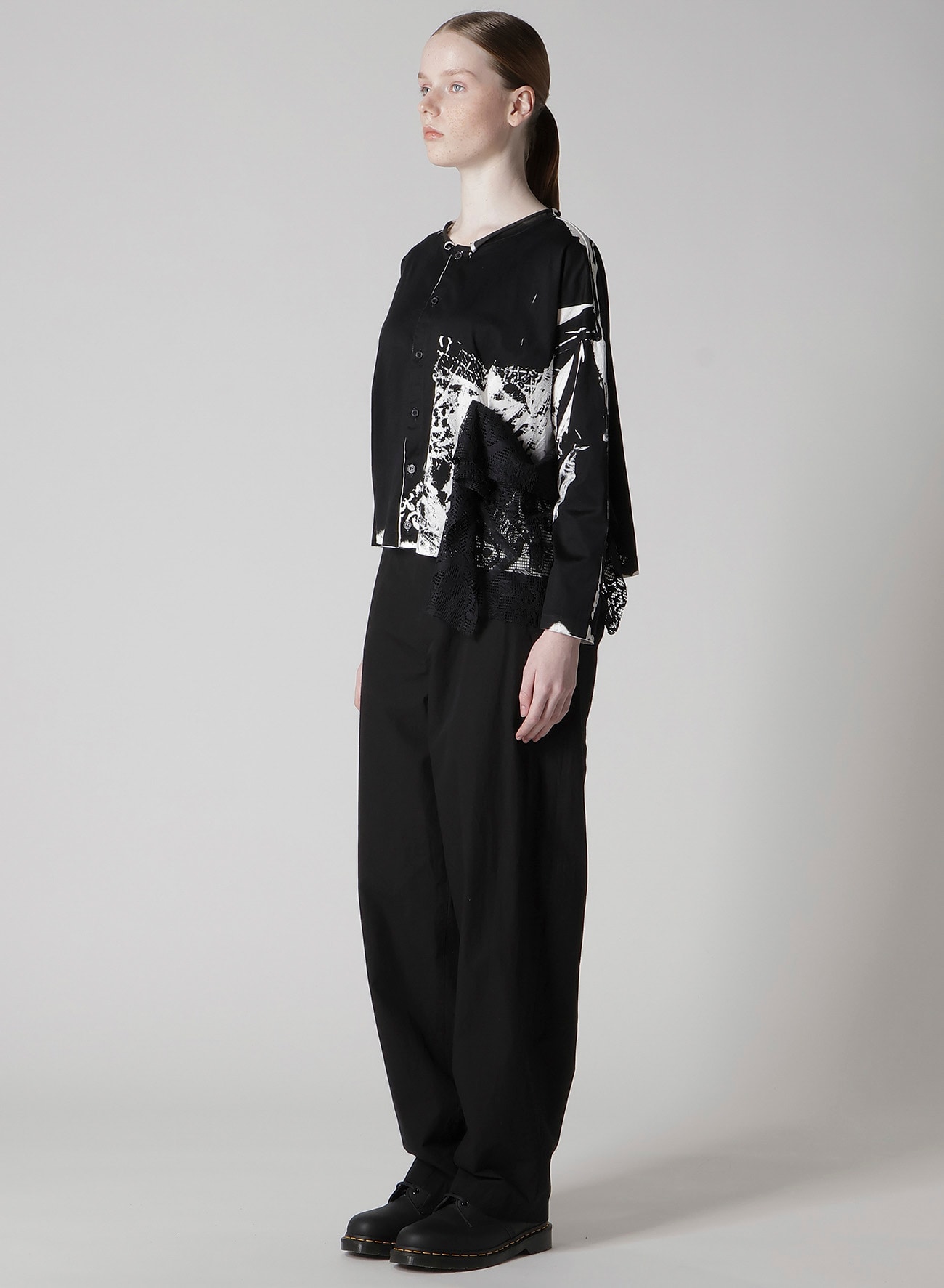 COTTON LACE/PRINT SIDE POCKET CROPPED CARDIGAN