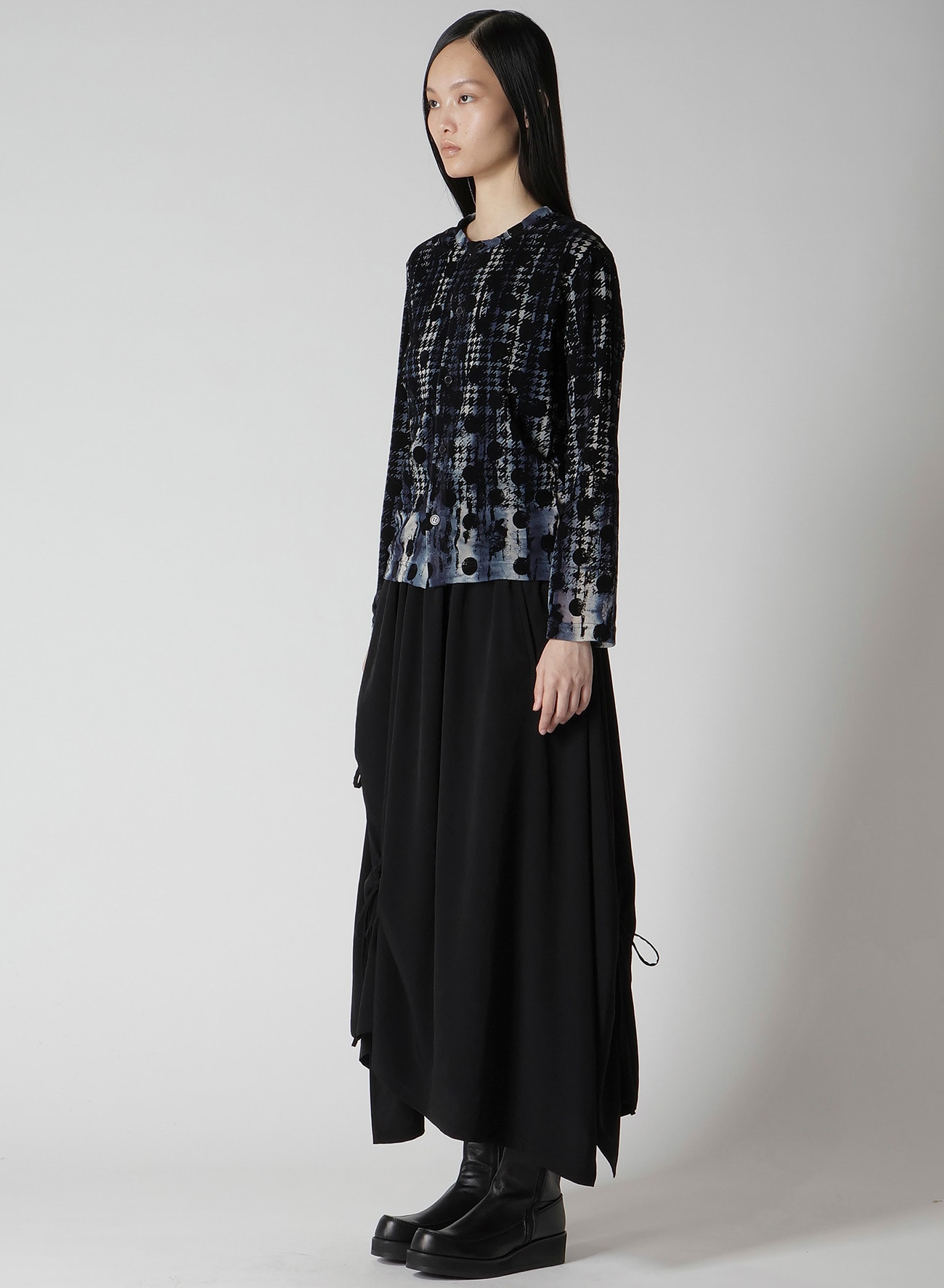 HOUNDTOOTH DOTS TULLE ROUND NECK LONG SLEEVE CARDIGAN