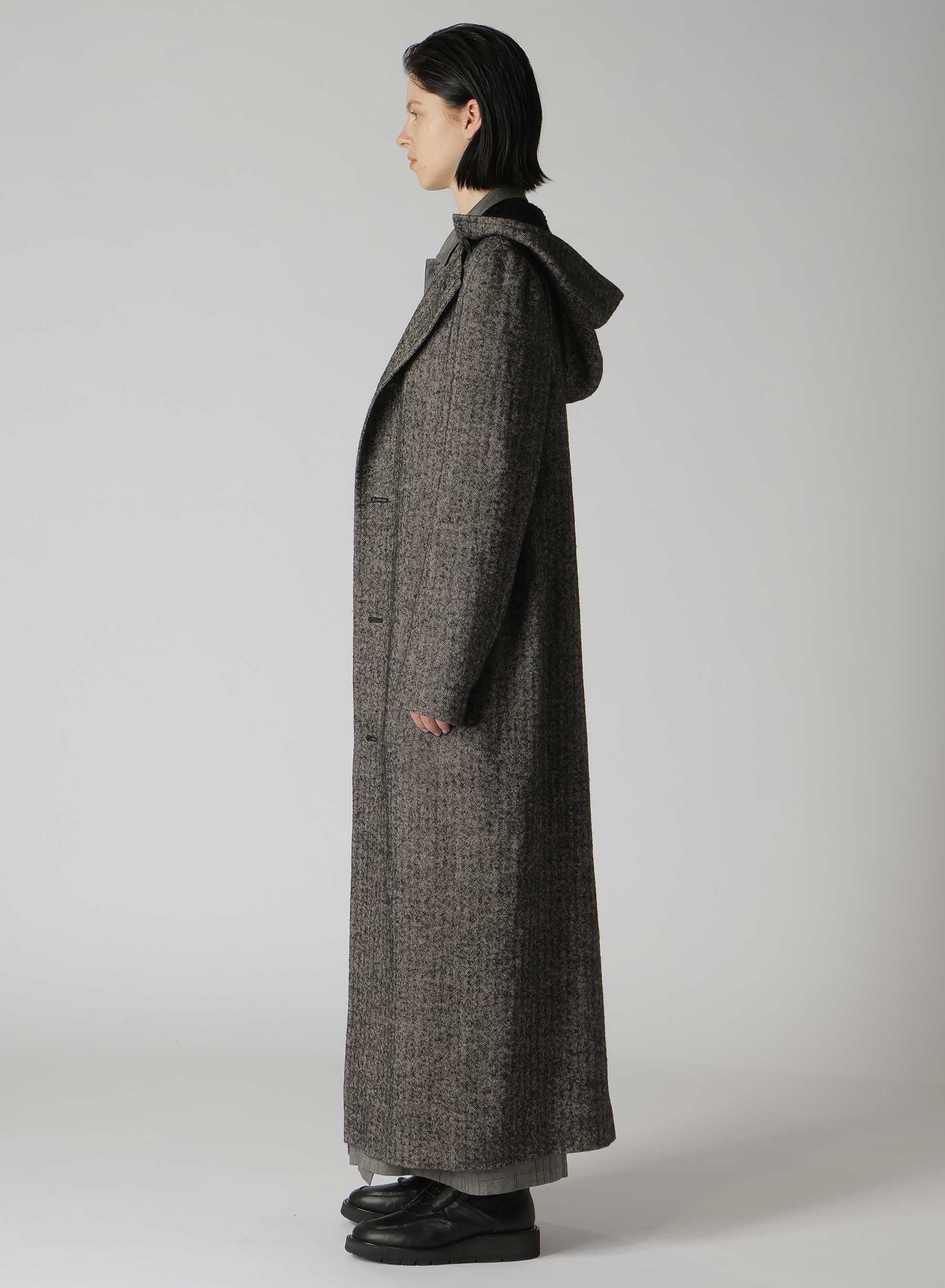 LINEN/WOOL RAISED HERRINGBONE LONG COAT WITH HOODIE