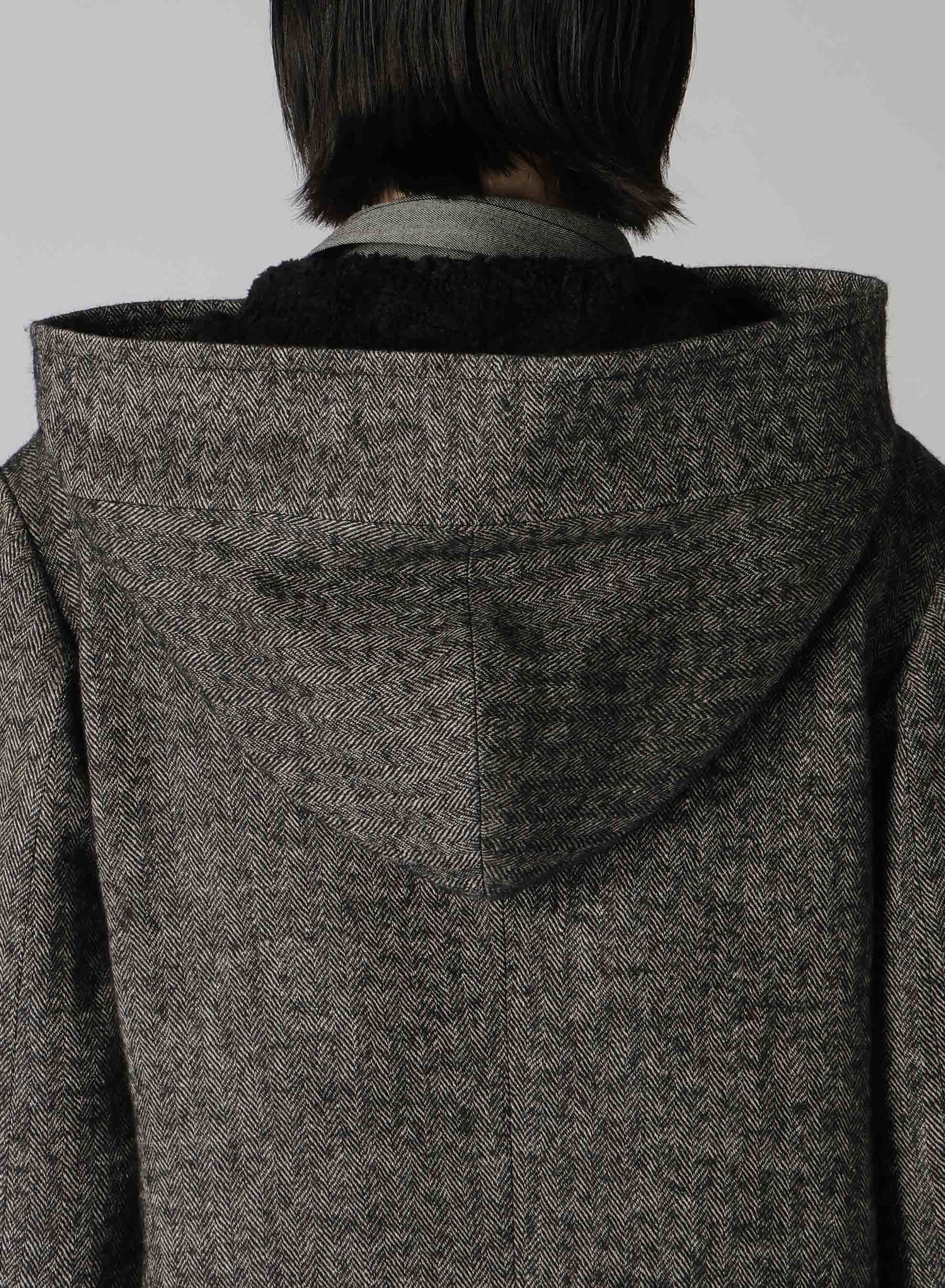 LINEN/WOOL RAISED HERRINGBONE LONG COAT WITH HOODIE