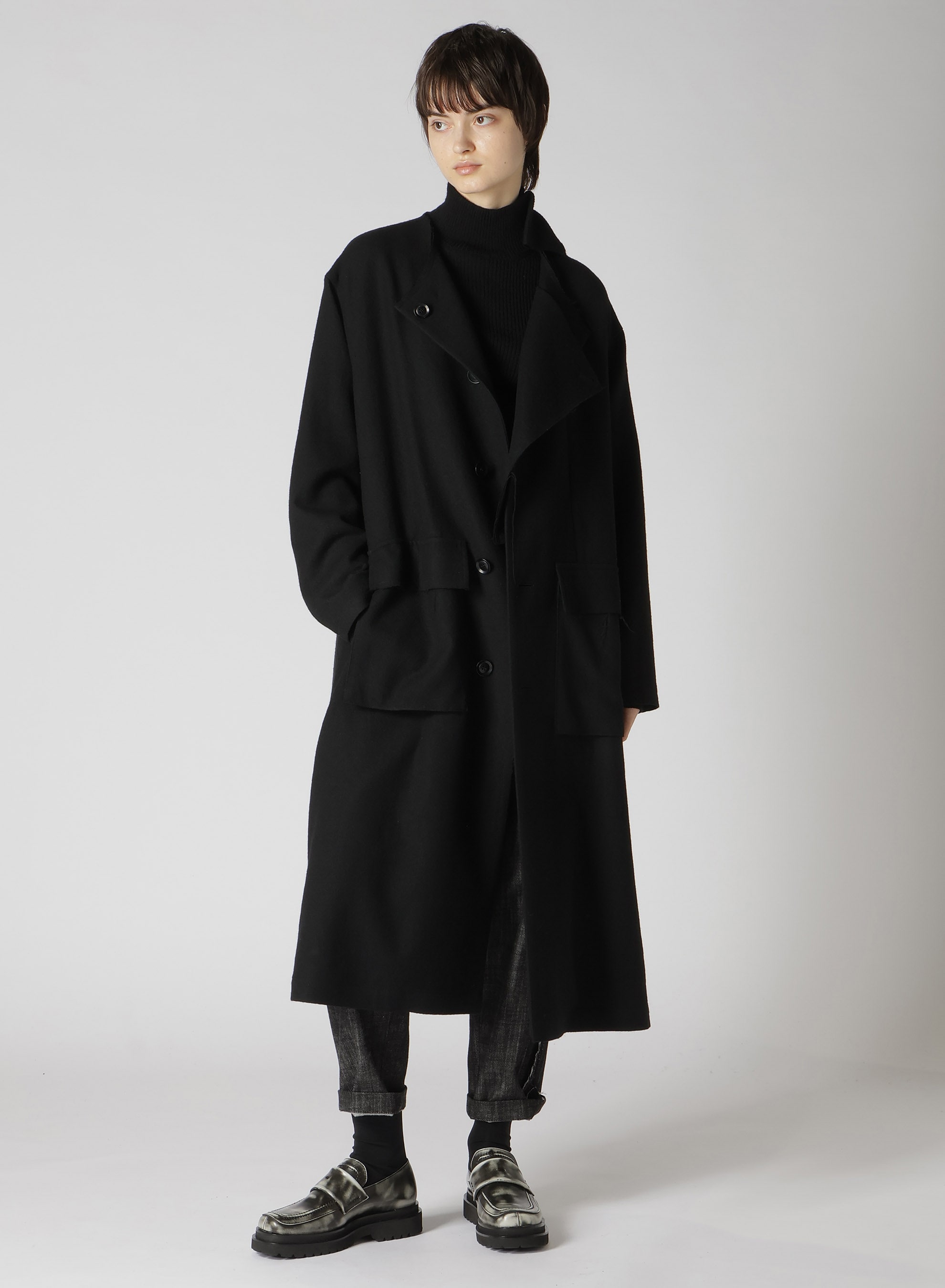 MILLING WOOL SERGE COLLARLESS WIND BREAKER COAT