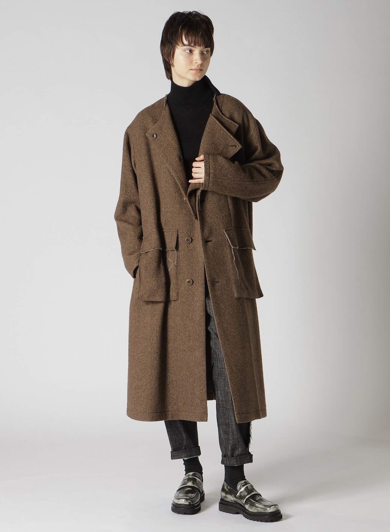 【11/1 12:00 Release】W/LI HERRINGBONE COLLARLESS COAT